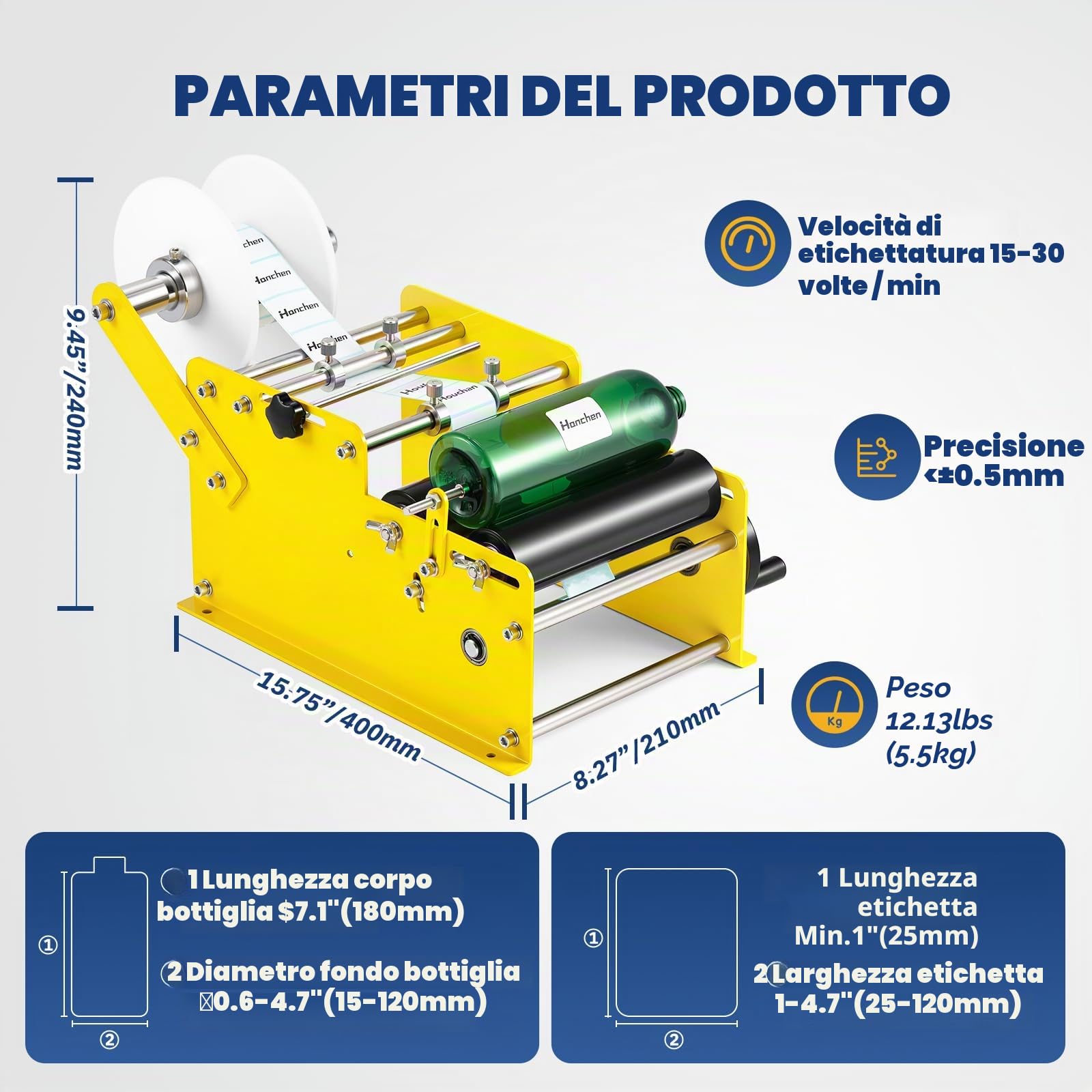 HanchenEtichettatrice manuale per bottiglie rotonde con alta precisione e velocità, etichettatrice regolabile per cilindri etichettatura senza sforzo