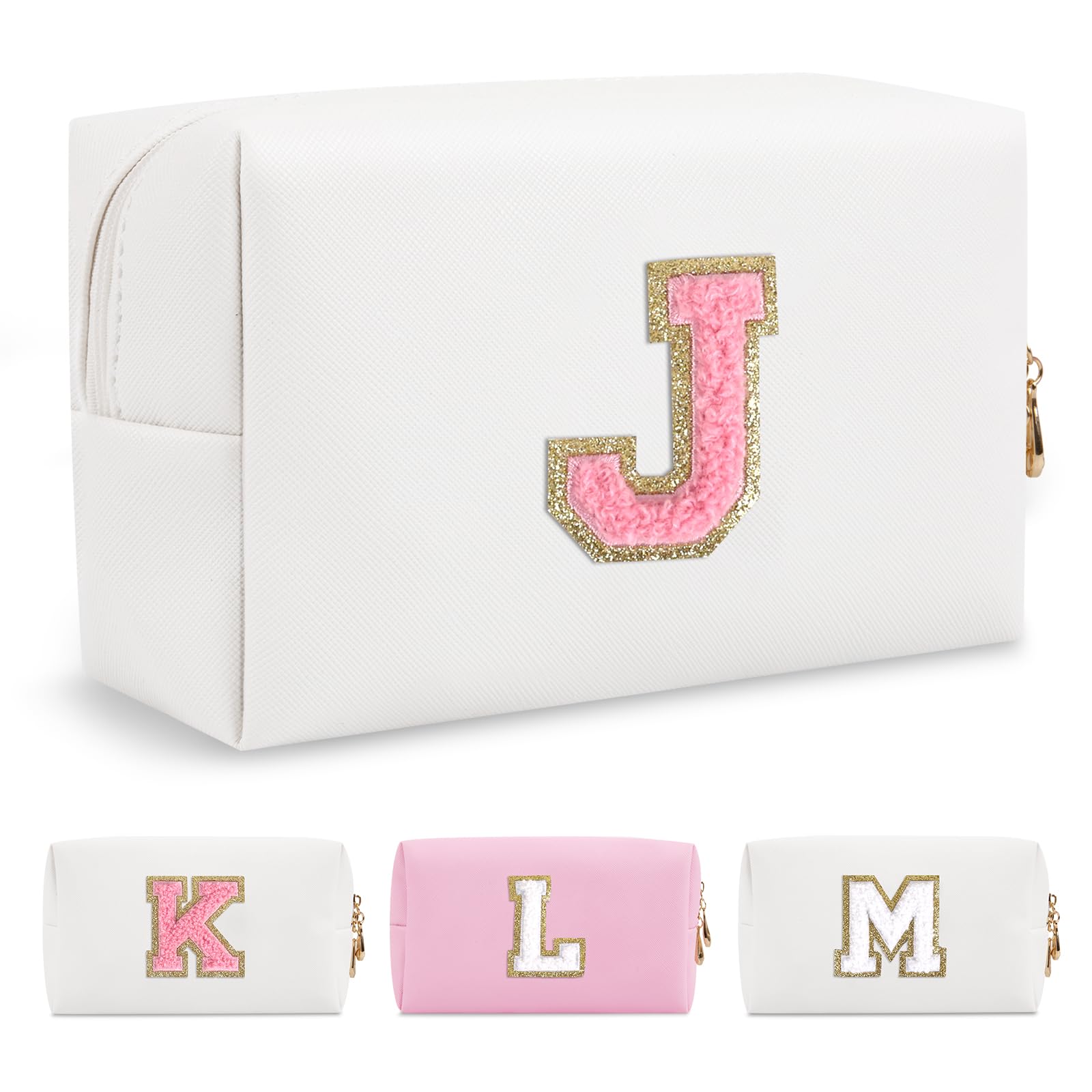 Personalized Makeup Bag Initial A-Z Preppy Patch Bag,Small PU Leather Travel Cosmetic Bag Pouch with Zipper,White Cute Toiletry Bag,Gift Ideal for