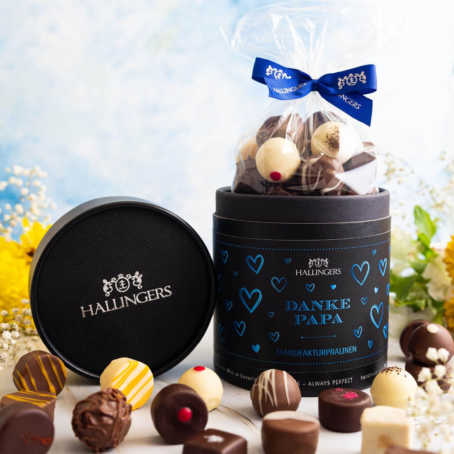 Hallingers Genuss Manufaktur Pralinen Vatertagsgeschenk - ohne Alkohol, handmade aus Confiserie-Edelkakao in wertiger XXL-Geschenkdose "Danke Papa", Geschenkidee für Papa Opa