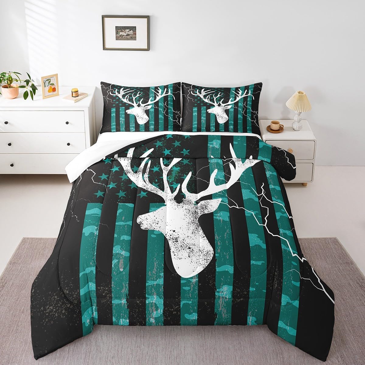 Manfei Camo American Flag Comforter Set Queen Size 3 Pcs,Teal Camouflage USA Flag Bedding Set,Rustic Deer Antler Wild Animal Hunting Quilt Set for Young Adults,Retro Teal Duvet Insert,2 Pillowcases