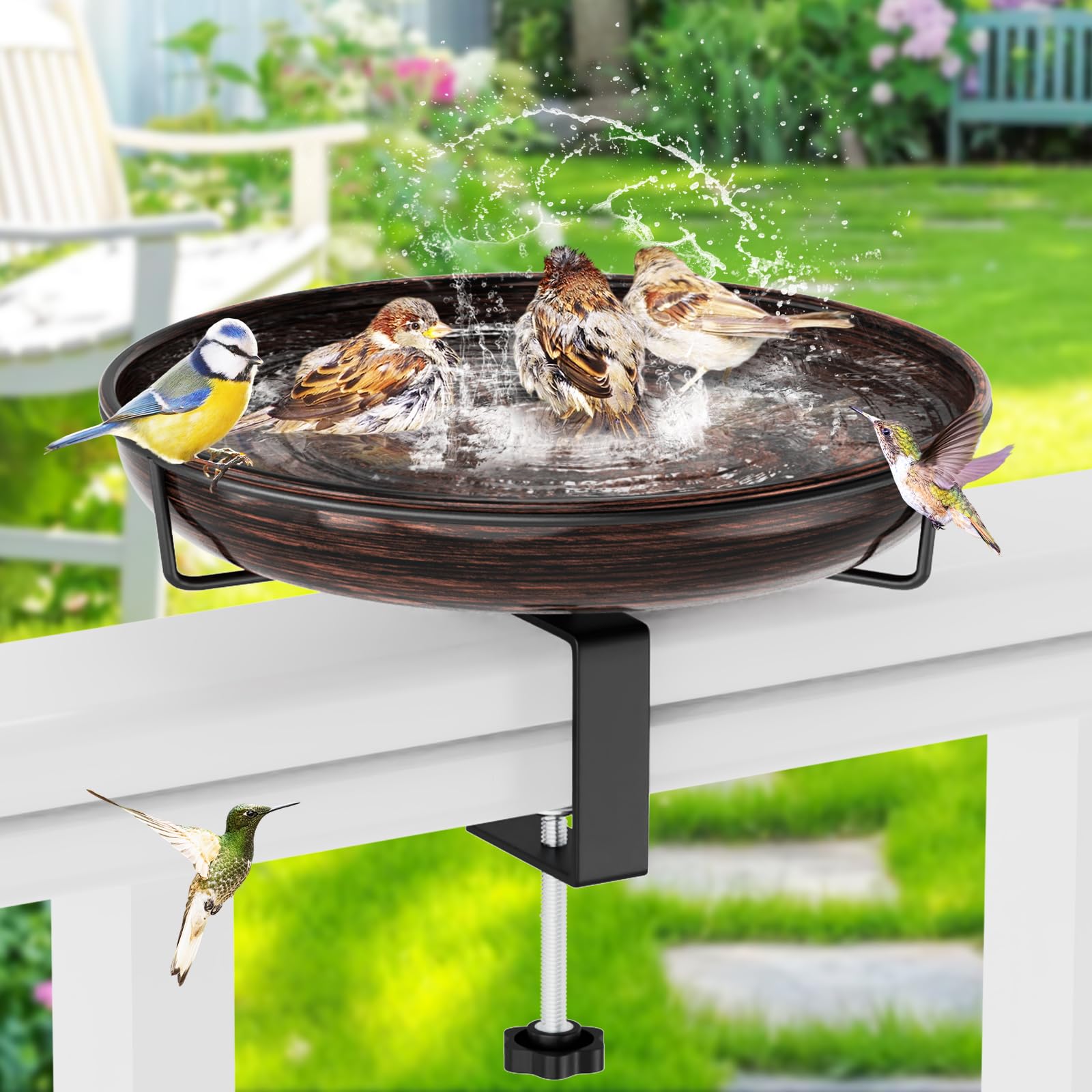Vogeltränke Hängend für Balkongeländer, Vogelfutterspender Wassertränke Für Balkon Garten,Groß Frostsicher Wildvogeltränke Winterfest Außen Metall（Vintage-Kupfer）