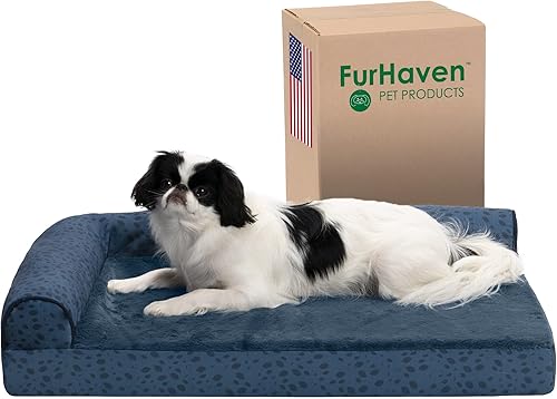 Miniatura 1 de Furhaven - Cama para perro de espuma ortopédica, estilo caja de huevos, estilo diván en forma de L, de felpa y estampado de almendras, almendras