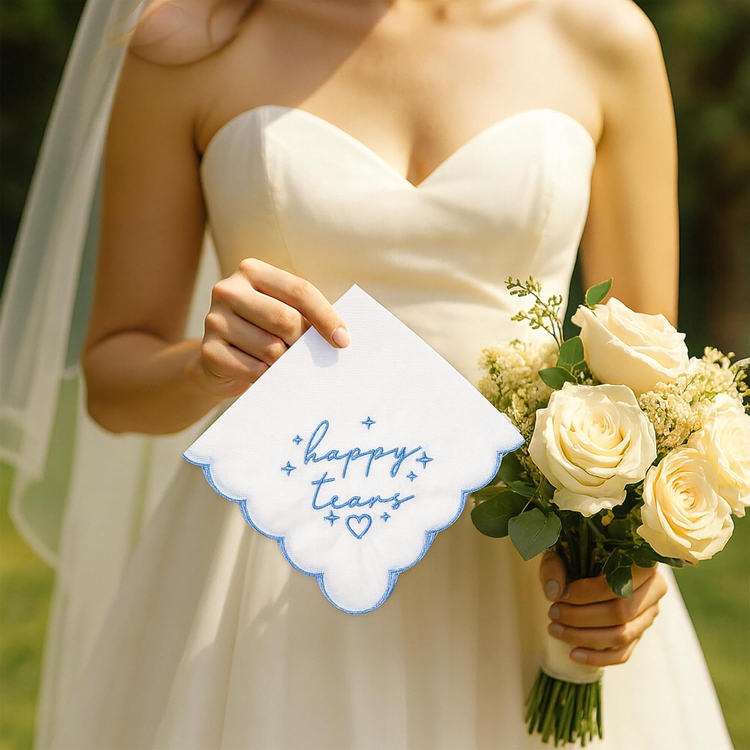White Happy Tears Handkerchief for Bride, 10"x10" White Embroidered Bridal Something Blue Keepsake
