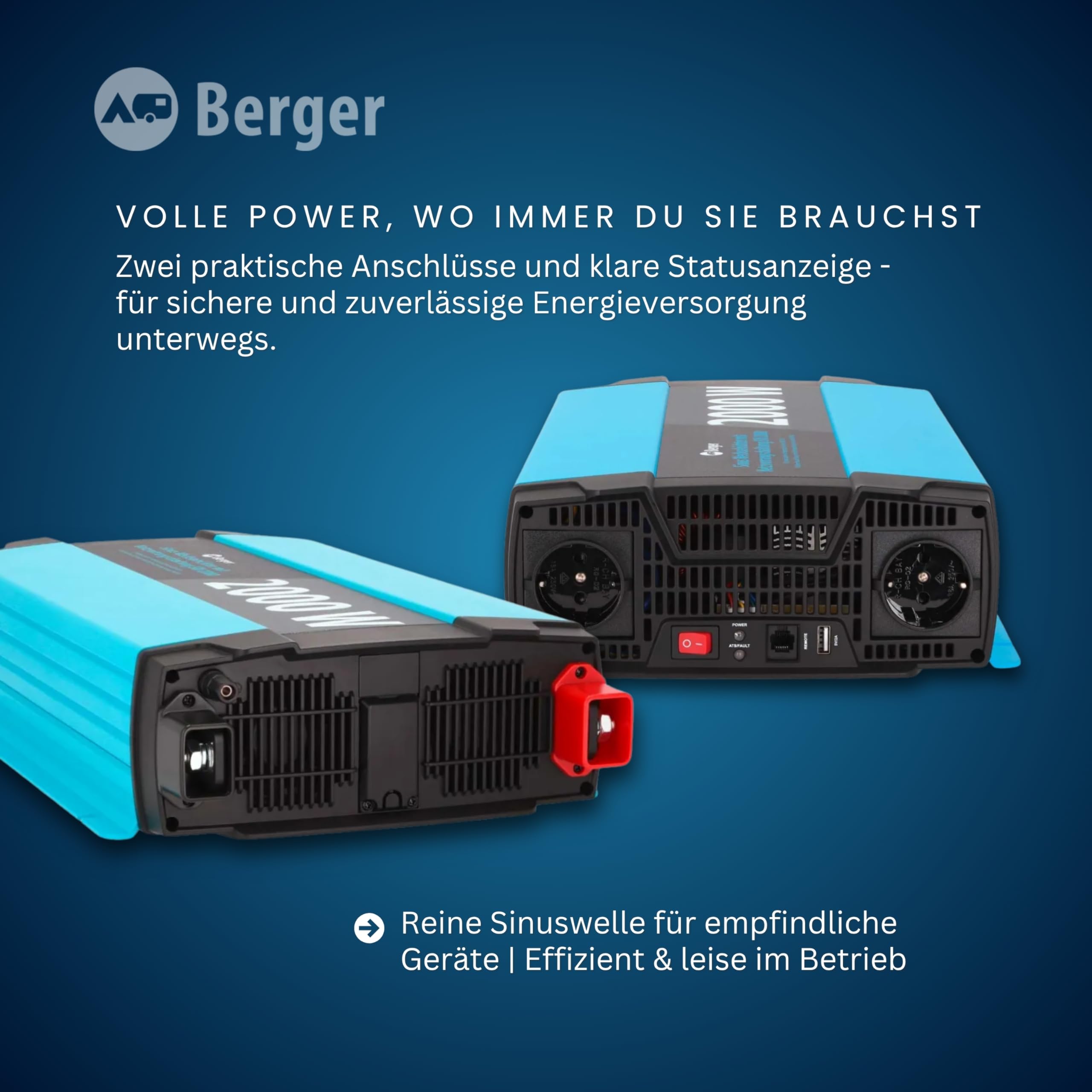 BERGER Sinus Wechselrichter mit Netzvorrangschaltung | 12 V DC auf 230 V AC Spannungswandler | Reine Sinuswelle für empfindliche Geräte | hoher Wirkungsgrad > 90% | Überlastschutz (2000 W)