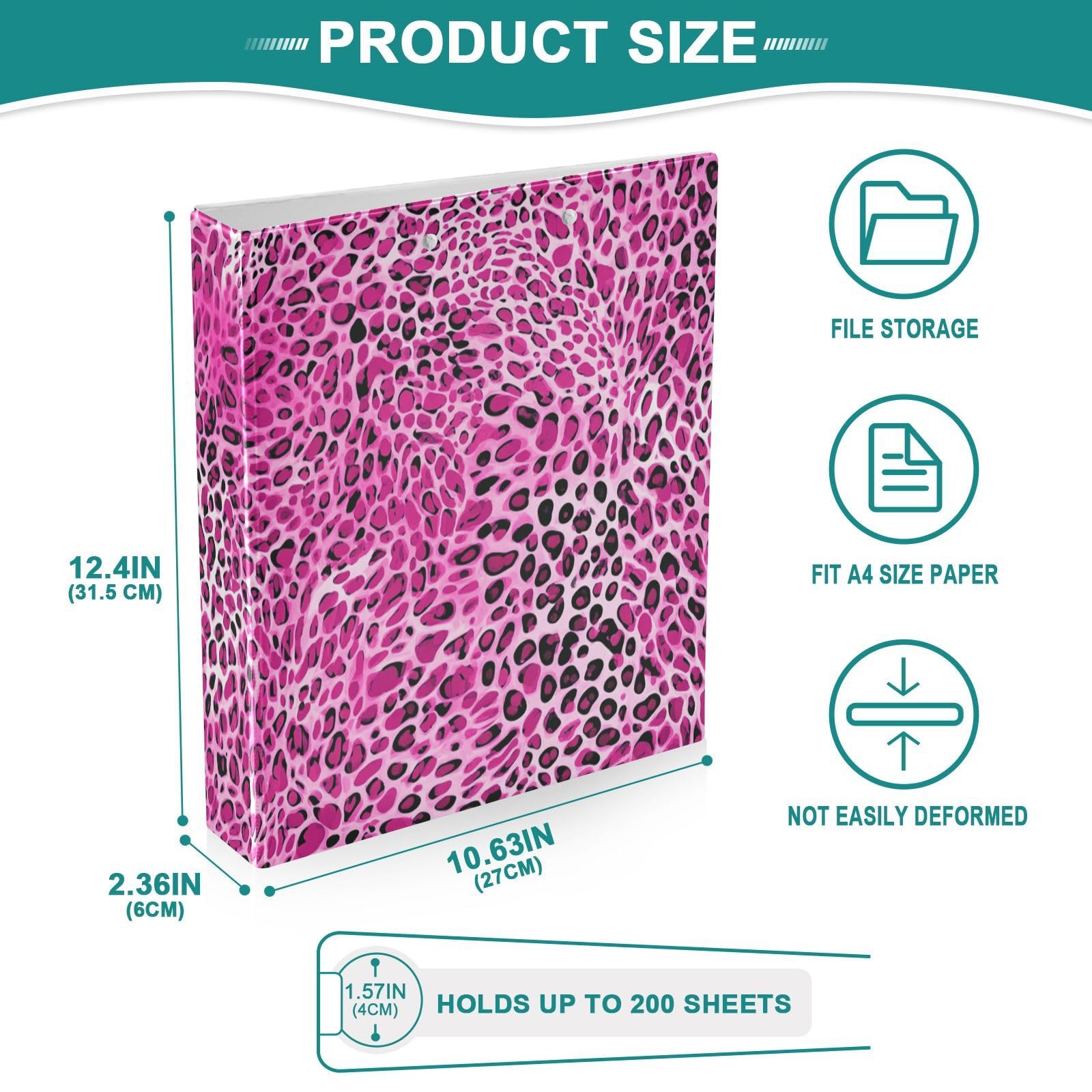 Raccoglitore con copertina rigida a 3 anelli, con stampa leopardata, 3,8 cm, con appunti e tasche, raccoglitore a 3 anelli, resistente, per ufficio e scuola, contiene 200 fogli, confezione da