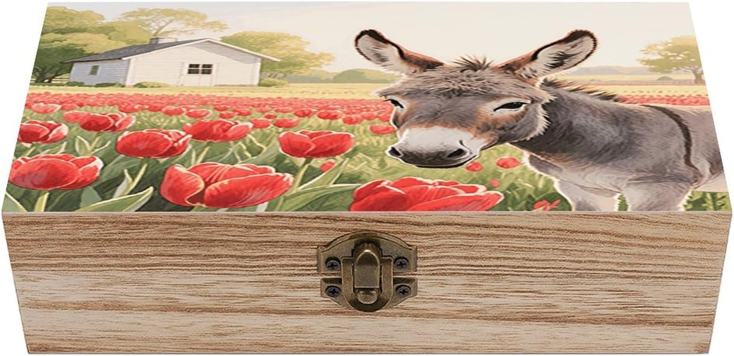 Donkey And Red Flower Storage Box Rectangular Wooden Decorative Case Large Capacity Jewelry Boxes with Lock Vintage Keepsake Organizer for Photos Pearl Trinkets Crafts