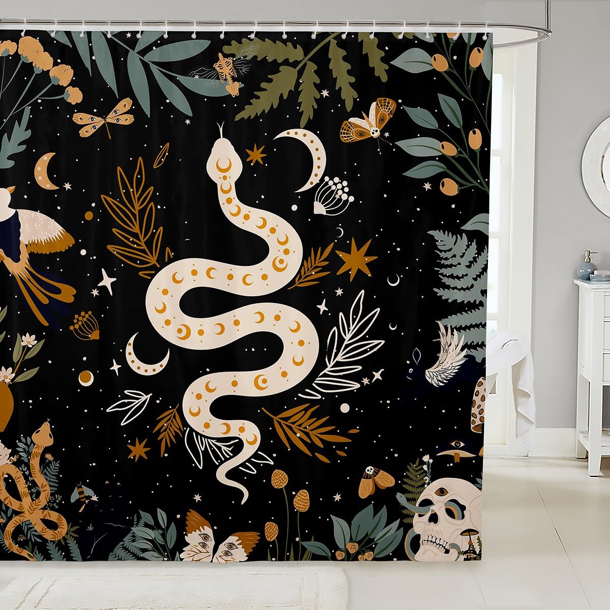 Snake Shower Curtain Sun And Moon Bath Curtain Moth Sugar Skull Bathroom Sets For Kids Boys Girls Galaxy Starry Sky Butterfly Animal Fabric Curtains Sets Waterproof 72"W x 72"L Black with 12 Hooks