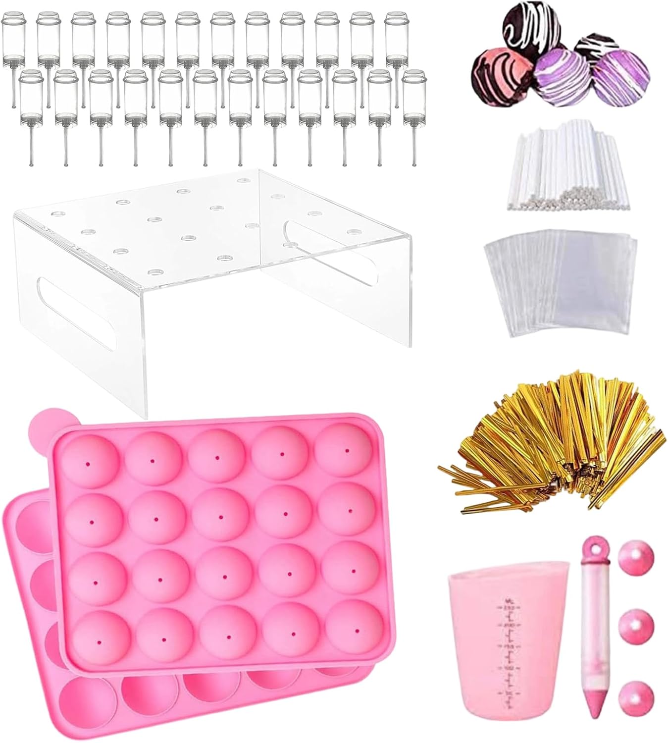 Cake Pop Mold - Reusable Silicone Food Grade Mould with Acrylic Stand | Cake Pop Sticks,for Making Party Birthday Wedding Holiday Home Kitchen Classroom Camp Summer