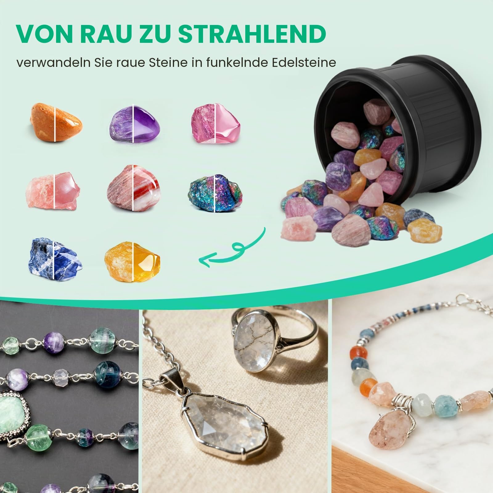 Huanyu Rock Tumbler Steintrommel, 1,8 kg maximale Belastung mit 9-Gang-Motor, 9-Tage-Timer Steinschleifmaschine mit komplettem Zubehörset für Edelsteine Erwachsene Steinesammler