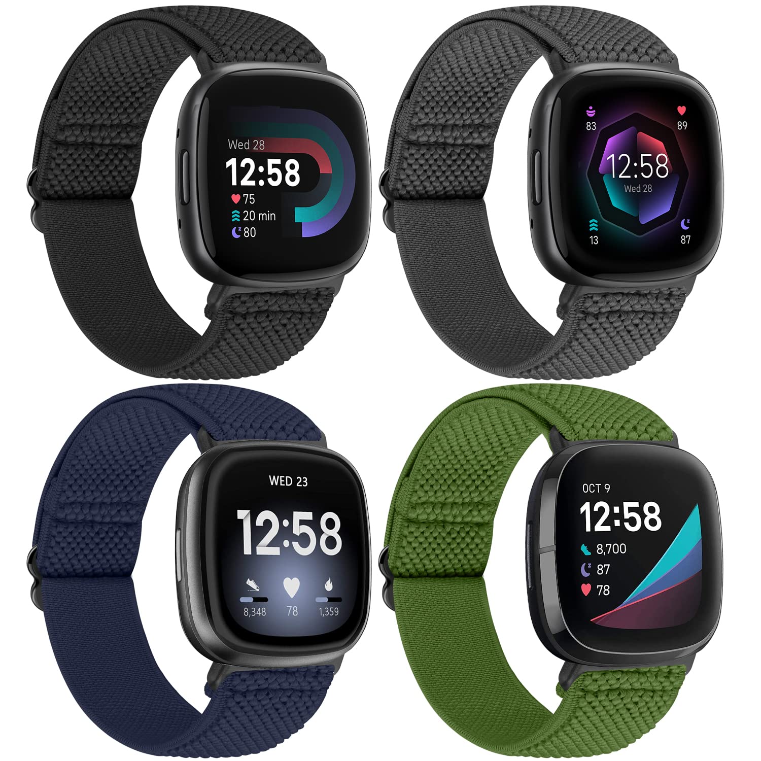 TumpCez Elastisches Nylon Armband Kompatibel mit Fitbit Versa 4/Fitbit Sense 2/Fitbit Versa 3/Fitbit Sense, Verstellbar Dehnbar Solo Loop Weiches Uhrenarmband Sport Ersatzarmband für Damen Herren