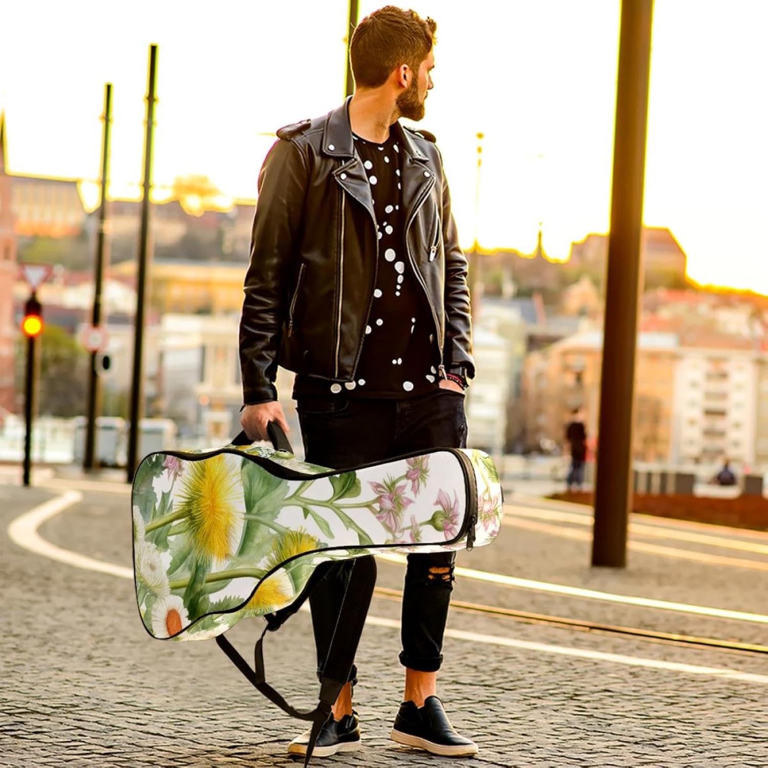 Acoustic Guitar Bag, 40 41 42 Inch Guitar Case Cover Soft Guitar Gig Bag for Acoustic Electric Bass Classical Guitar, Dandelions and Butterflies Wildflowers Floral Herbs