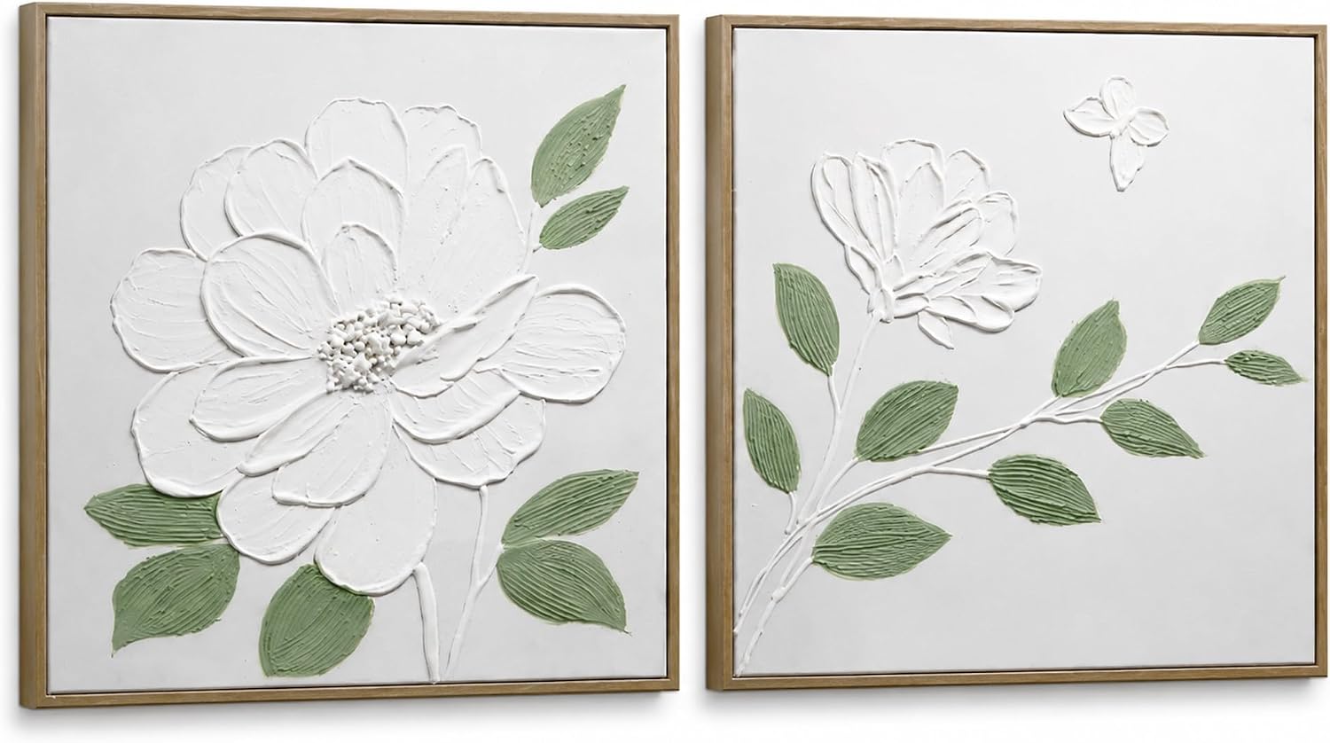 Artiluxy Textured Plaster Wall Art Set of 2, 16x16 Framed Botanical Relief Flower Decor, Handcrafted 3D White Floral Panels with Natural Wood Frame for Bedroom Bathroom Entryway Living Room