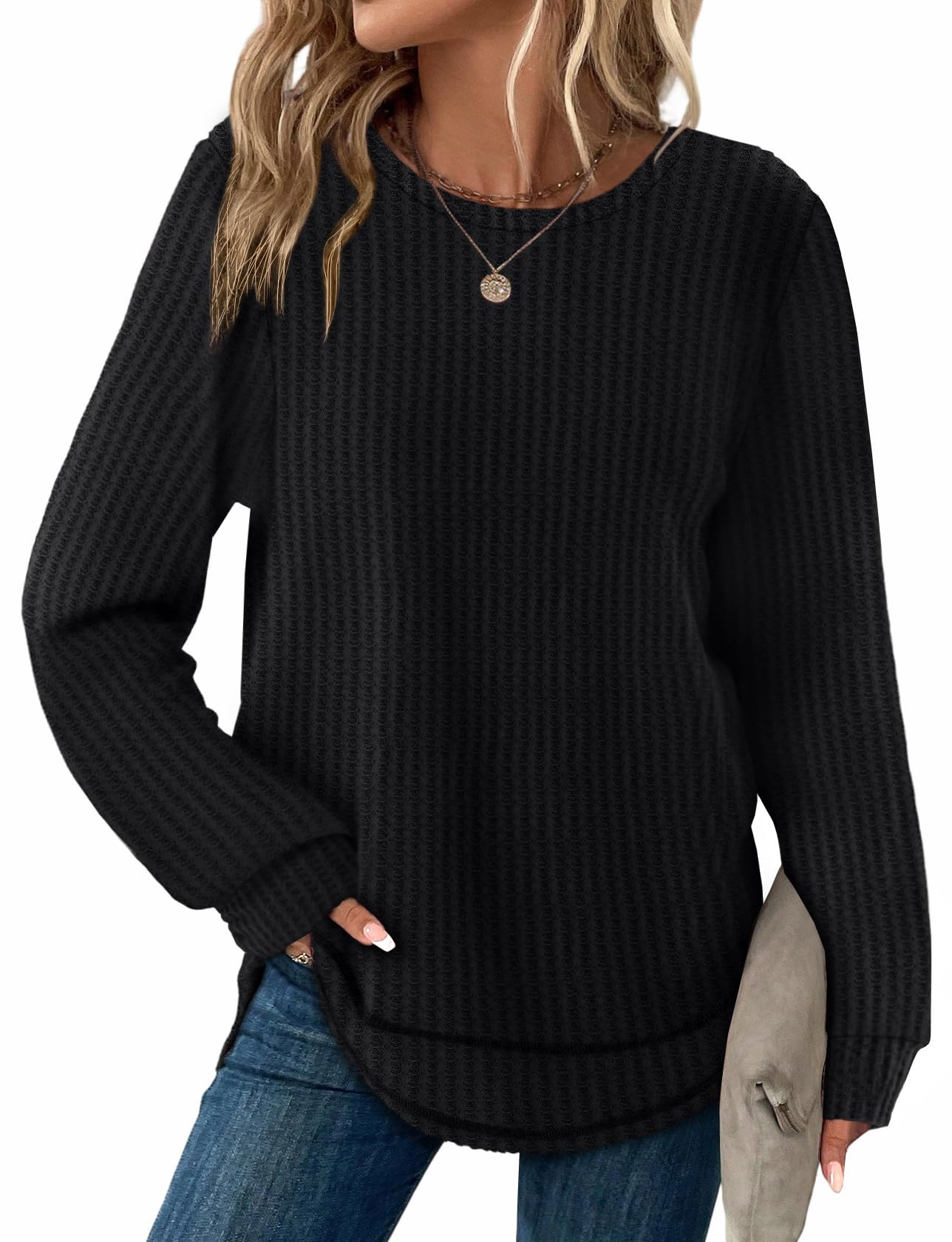 WIHOLL Tunic Tops for Women Loose Fit Dressy Waffle Knit Long Sleeve Shirts Trendy Fall Fashion Crewneck Sweaters