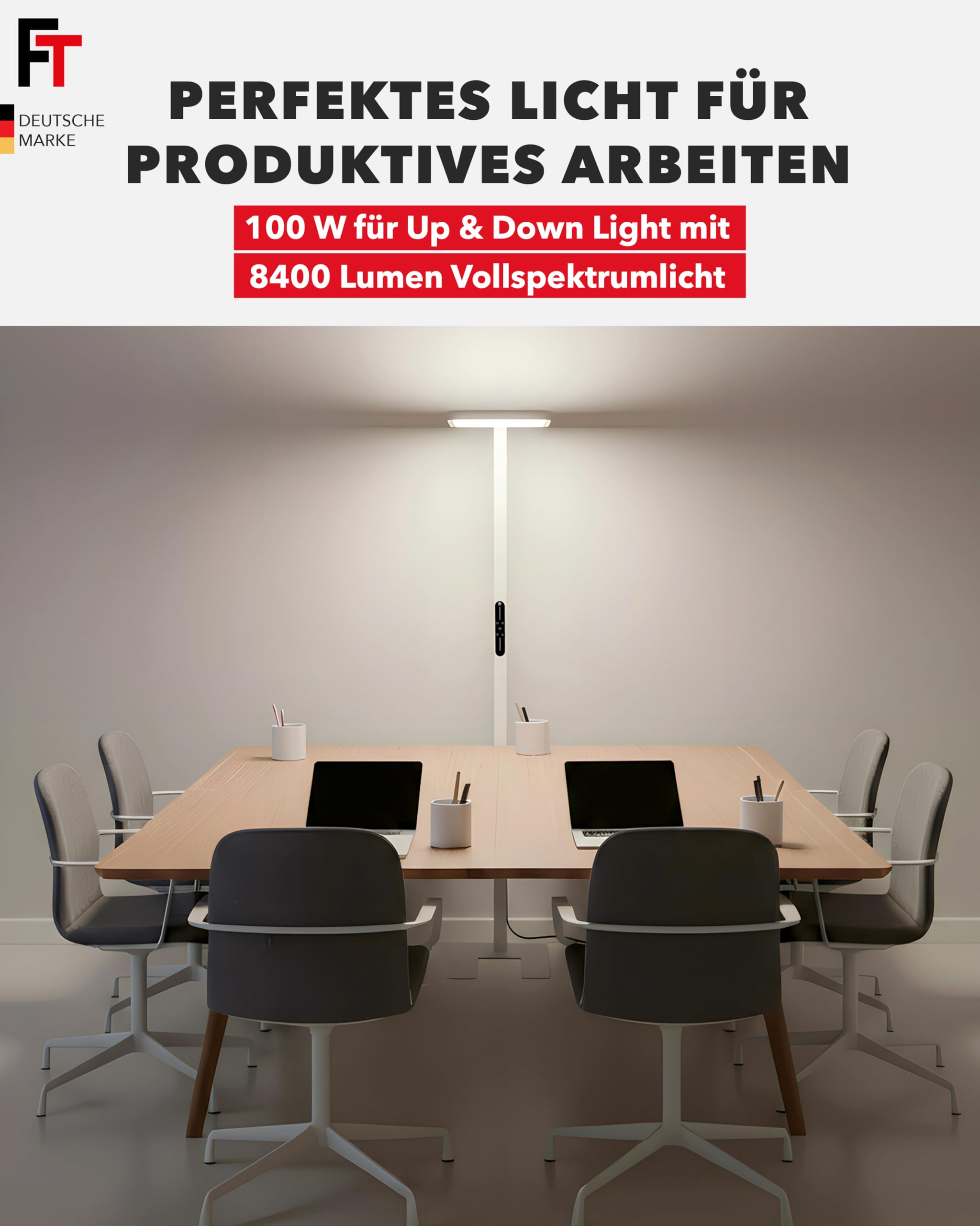 FeinTech LT920 LED Büro Stehlampe 100W Dimmbar 40W Down + 60W Up, UGR < 16, Ra > 98 und RG0 Vollspektrum Augenschutz LED Standleuchte, 8400 Lumen Tageslicht Bürolampe 4000K