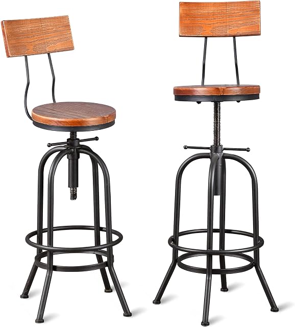 Set of 2-Industrial Bar Stools with Backrest-Swivel Wood Seat-Bar Counter Height Adjustable 26-32.2inch-Kitchen Island Dining Chair