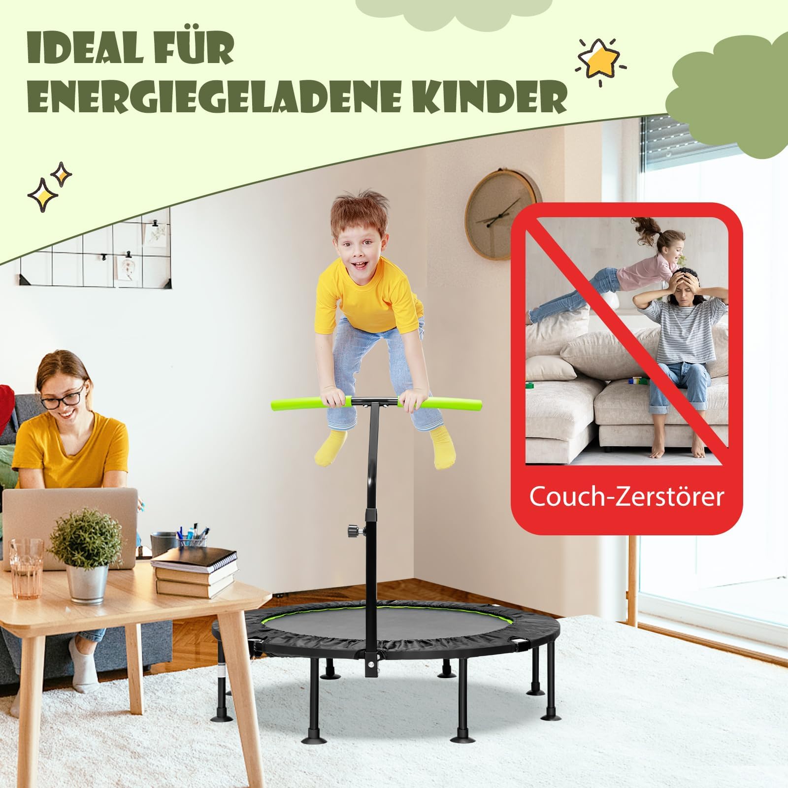 COSTWAY φ117cm Mini Trampolin faltbar, Fitness Trampolin mit höhenverstellbarem Griff, Kindertrampolin Gartentrampolin Indoor- und Outdoor für Erwachsene und Kinder, 100 kg Belastbar