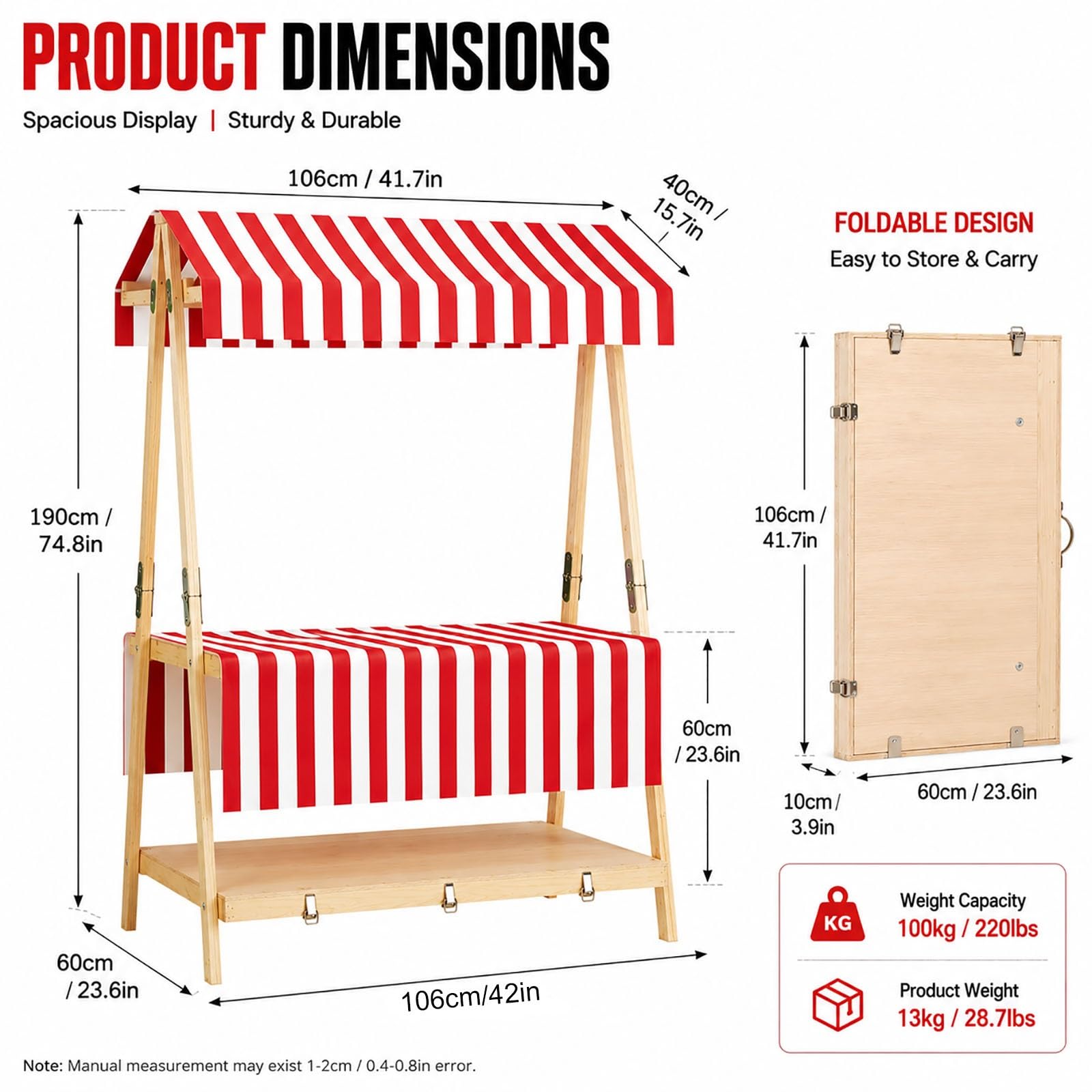 Bancarella da Mercatino Pieghevole in Legno Stand Vendita 2 Livelli con Tettoia Espositore | Bancarella da Mercatino Pieghevole Legno Stand Vendita 2 Livelli Espositore(Red,106cm/42")