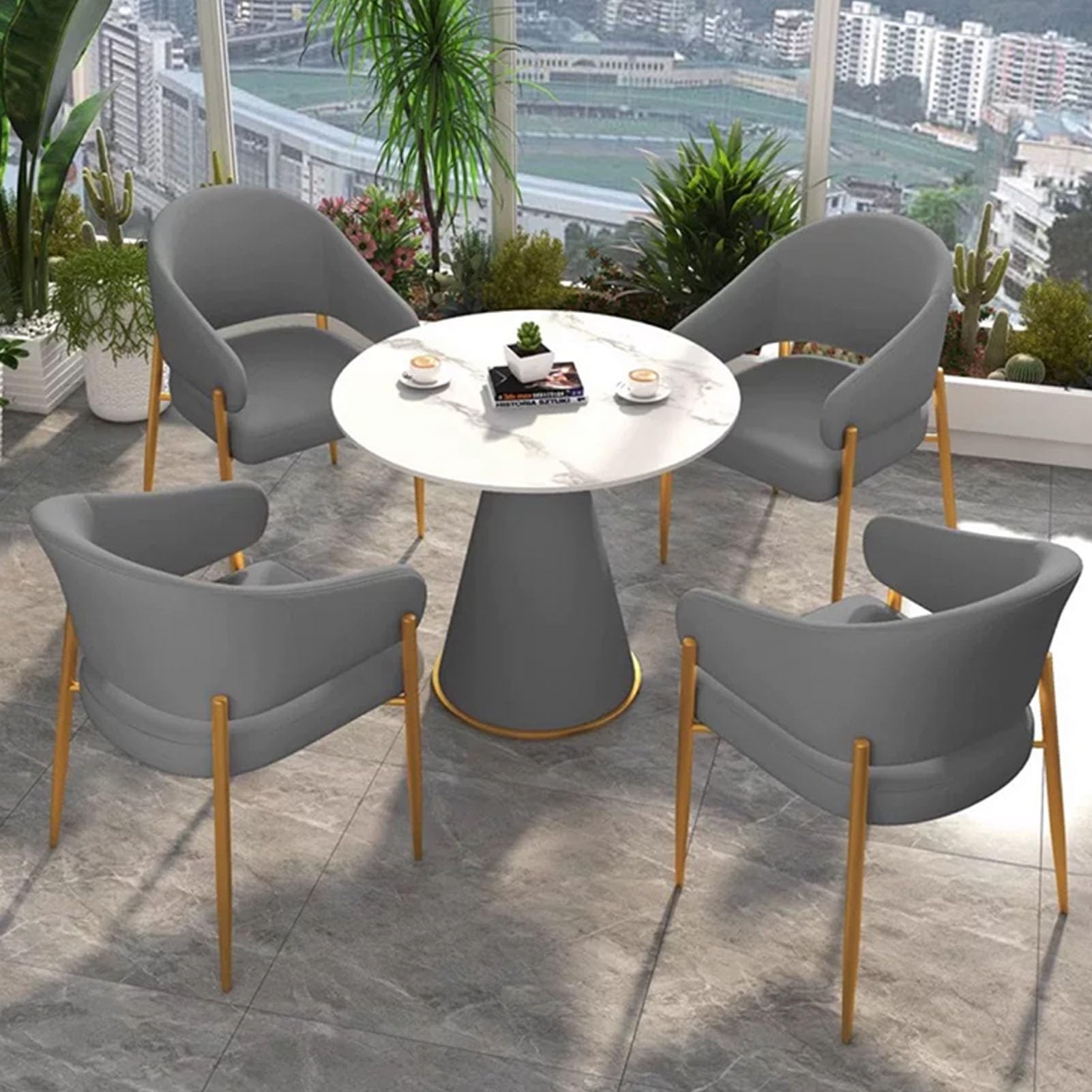ASerZenith Marble Round Table Set With Pu Backrest Chairs, Small Conference Desk For Reception Negotiation, Leisure Table And Chair For Family Apartment,Dark Grey-4 Chairs