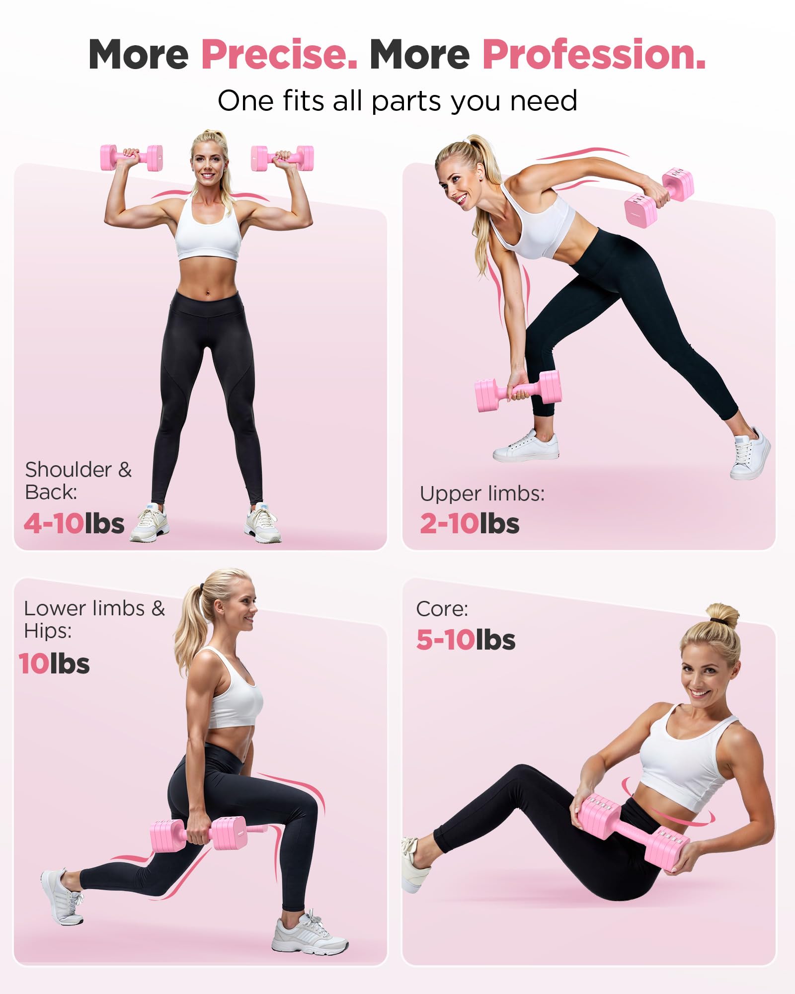 FEIERDUN Set di manubri regolabili 5 in 1, ognuno da 10/8/6/4/0,9 kg, set di manubri da donna con doppia stabilità, per palestra e attività all'aperto
