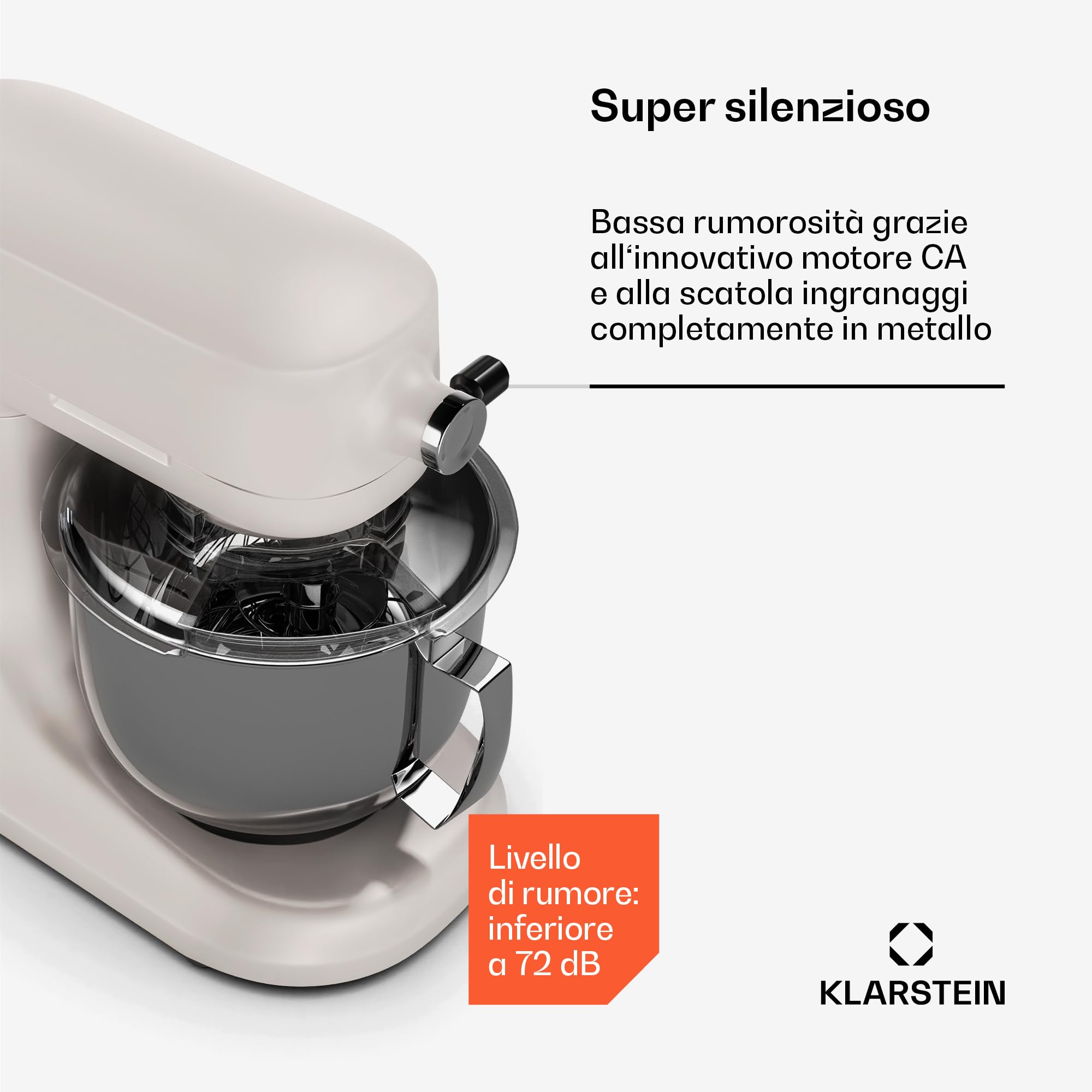 Klarstein Chiara - Robot da Cucina, 1600W–Ciotola da 5L in Acciaio Inox, 12 Velocità, Display LCD Touch, Silenzioso ≤72dB, Set Lavabile in Lavastoviglie, Alloggiamento in Alluminio Pressofuso, Sabbia
