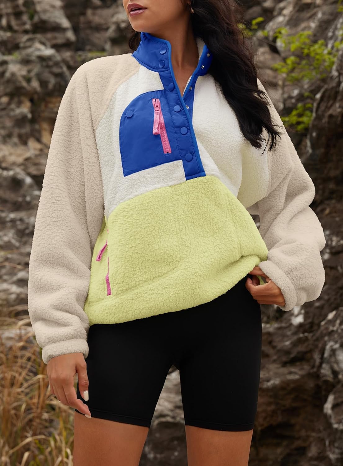 Yanekop Womens Fuzzy Fleece Pullover Sherpa Sweatshirt Long Sleeve Button Down Sweater Winter Fleece Jacket with Pockets - Image 3