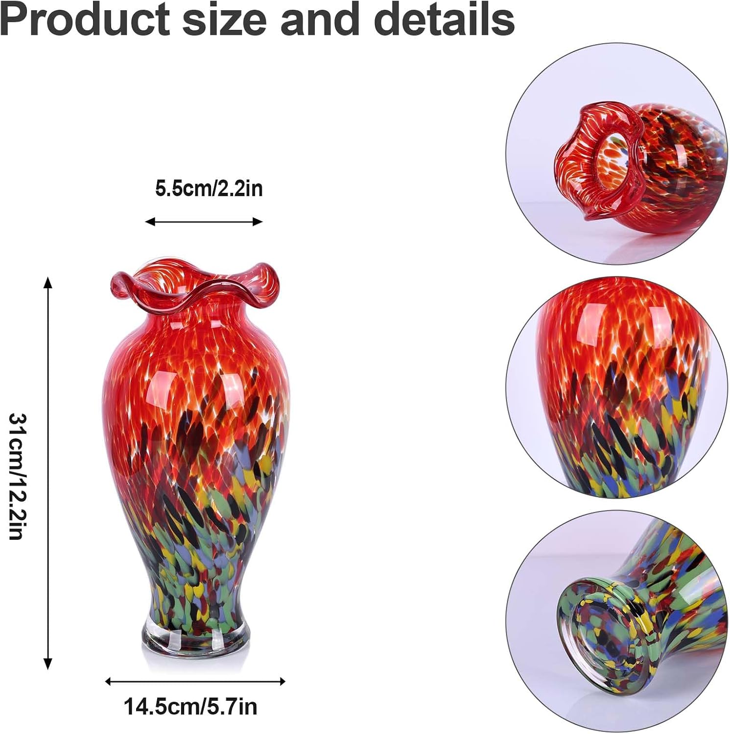 12.2H Murano Hand Blown Glass Vase, Ruffled Scalloped Rim Wide Mouth Colorful Decorative Flower Vase, Large Glass Centerpiece for Living Room, Bathroom, Office, Bookshelf, Entryway, Mantel Decor (Red)