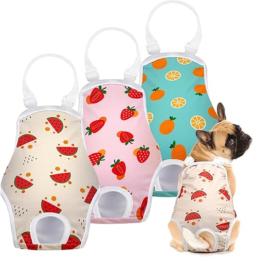 Miniatura 9 de Paquete de 3 Pañales Lavables para Perras Tipo Enterizo Bragas Sanitarias con Tirantes Ajustables, Pañales Fijos Reutilizables para Perras, Súper