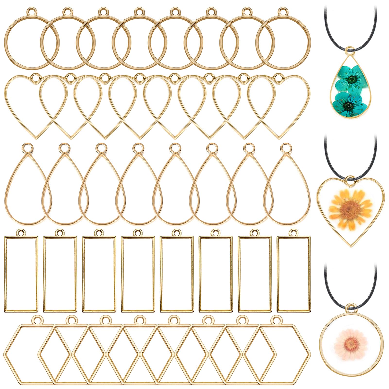 50pcs Open Bezels 5 Styles Hollow Frames Pendants Geometric Hollow Bezel Pendant Open Back Frame Pendant for Resin Casting, Necklace, Earrings,