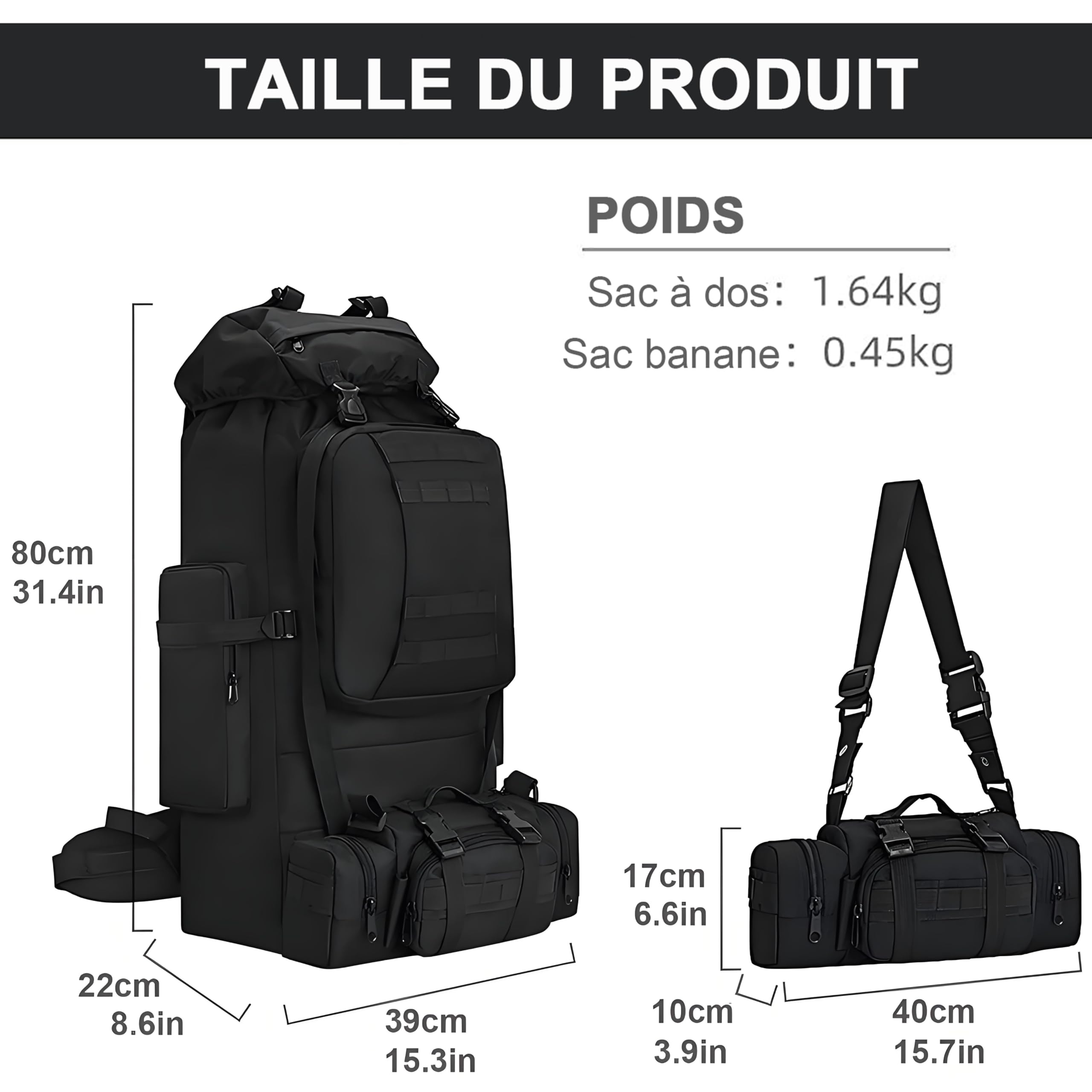 Sac à Dos Tactique Kabxhueo 2-en-1 – 100 L, Imperméable, Banane Amovible – Pour Rando, Camping, Survie, Chasse