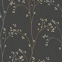 RoomMates Blossom Stripe Black Peel & Stick Wallpaper - Cherry Blossom Trees on Black, Removable 20.5x18ft Roll RMK12808PL