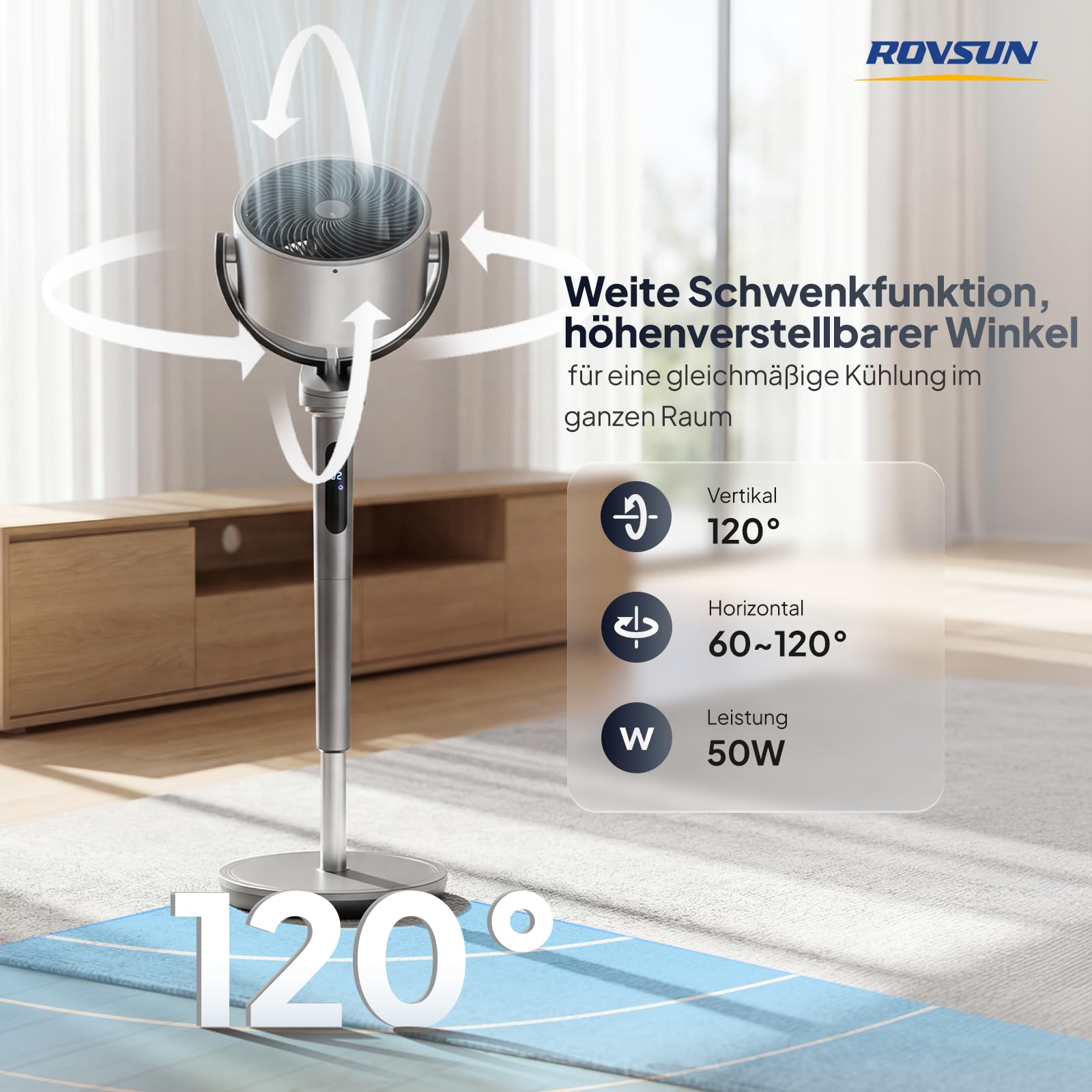 Bonnlo Standventilator mit Fernbedienung & Touchpanel, Ventilator Leise 40dB, Fan 98-115 cm Höhenverstellbar, 120° (V) & 60~120° (H), 3 Modi, 32 Geschwindigkeiten 12H-Timer, LED