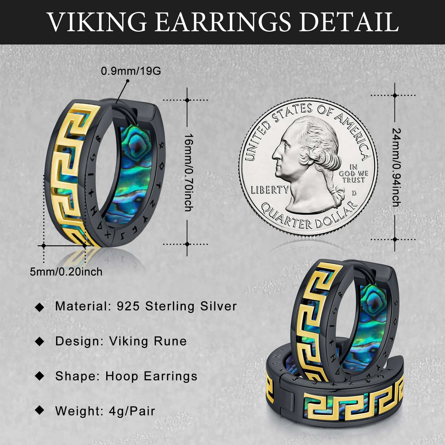 Men Earrings Viking Rune Hoop Celtic Earring for Women Punk 16mm 925 Sterling Silver Huggie Black Blue Hoop Earrings Norse Viking Jewelry Gifts Stainless Steel - Image 4
