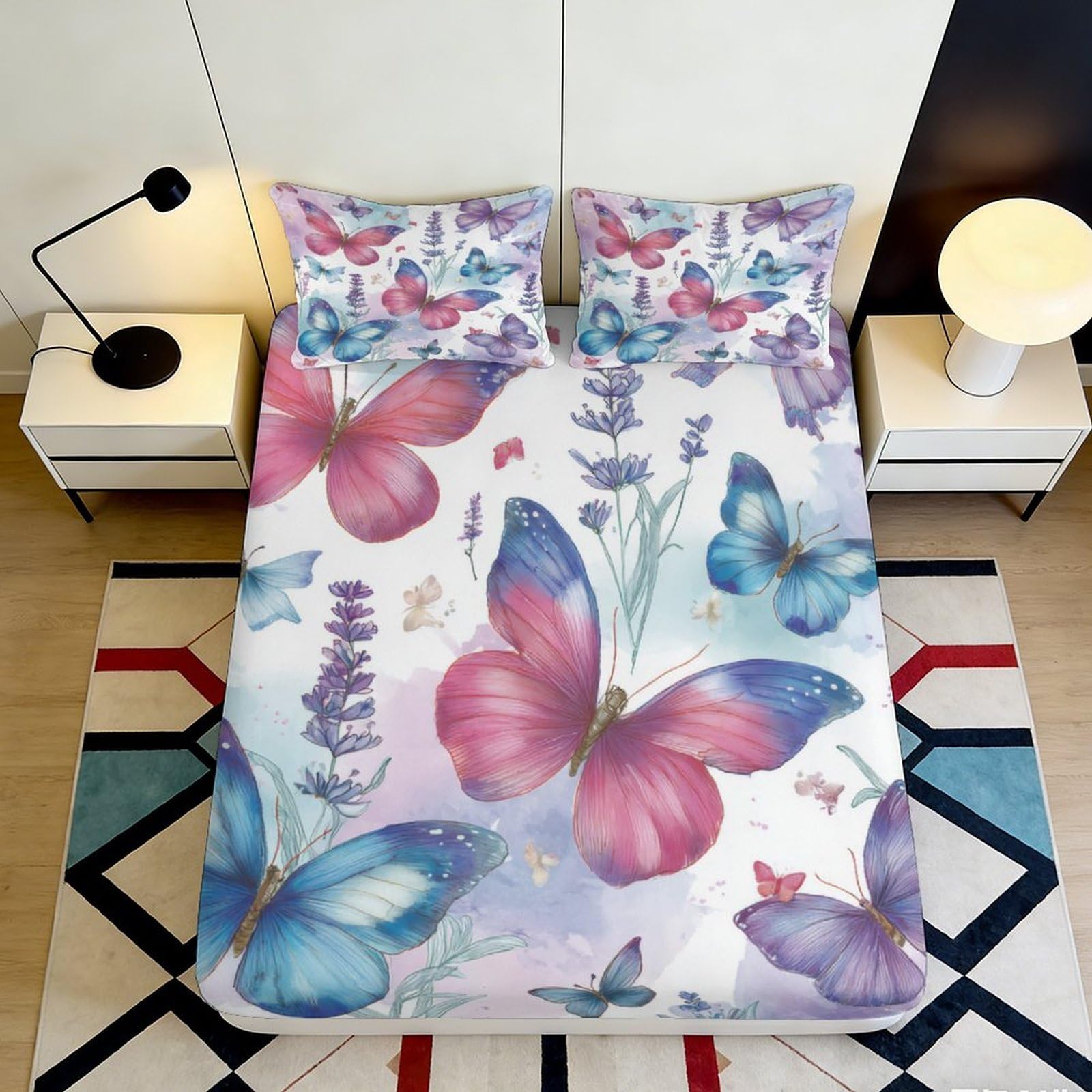 3D Printed Butterfly Floral Fitted Sheet Microfiber Soft Breathable Lavender Bed Cover for Bedroom Dormitory Guest Room Mattress Protection Decor 90x200x25cm