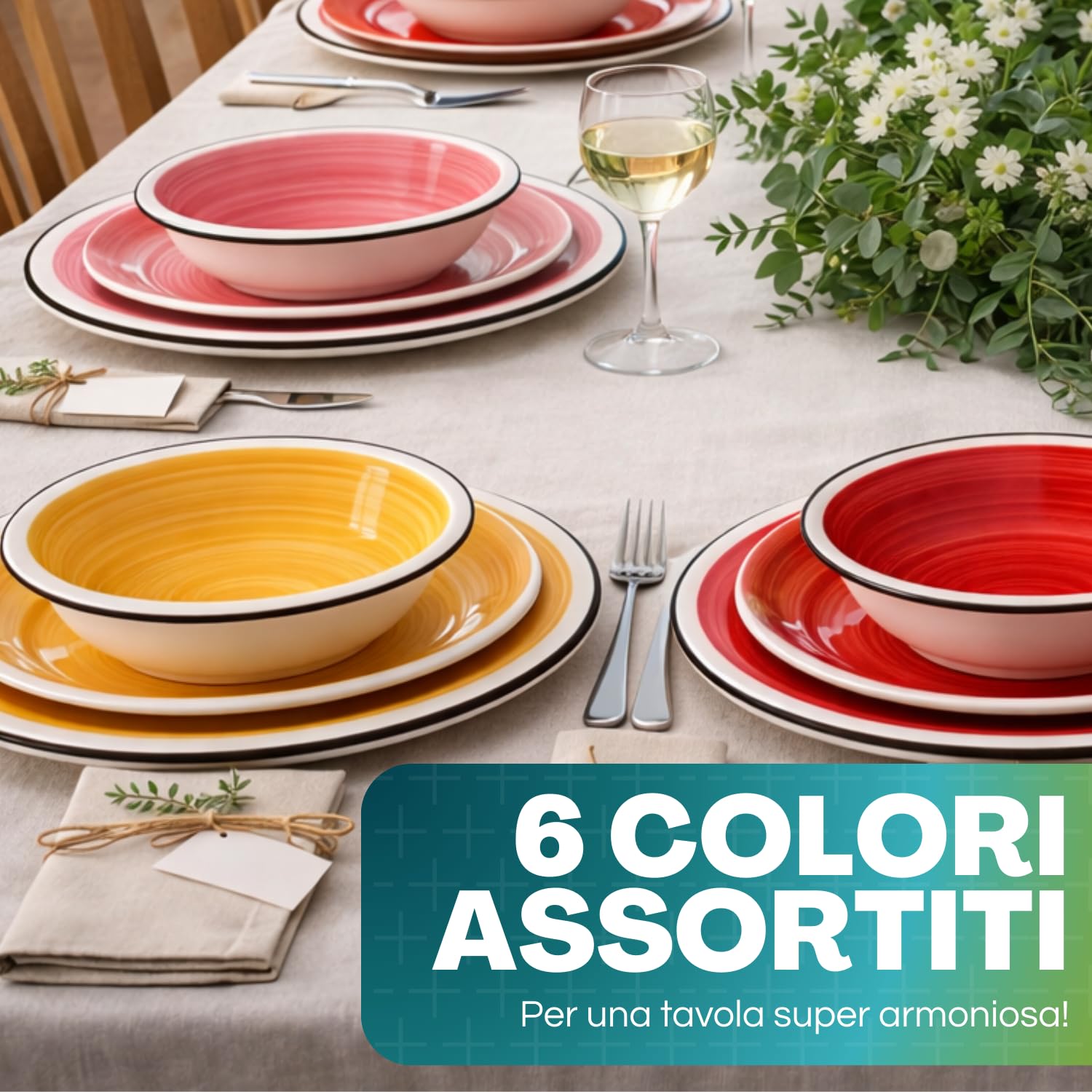 Paluplus Set 18 Piatti Rotondi in Ceramica Multicolor, Servizio per 6 Persone composto da Piatto Fondo Diam.21cm, Piatto Piano Diam.26,5cm e Piattino Dessert Diam.19cm -5165F -12