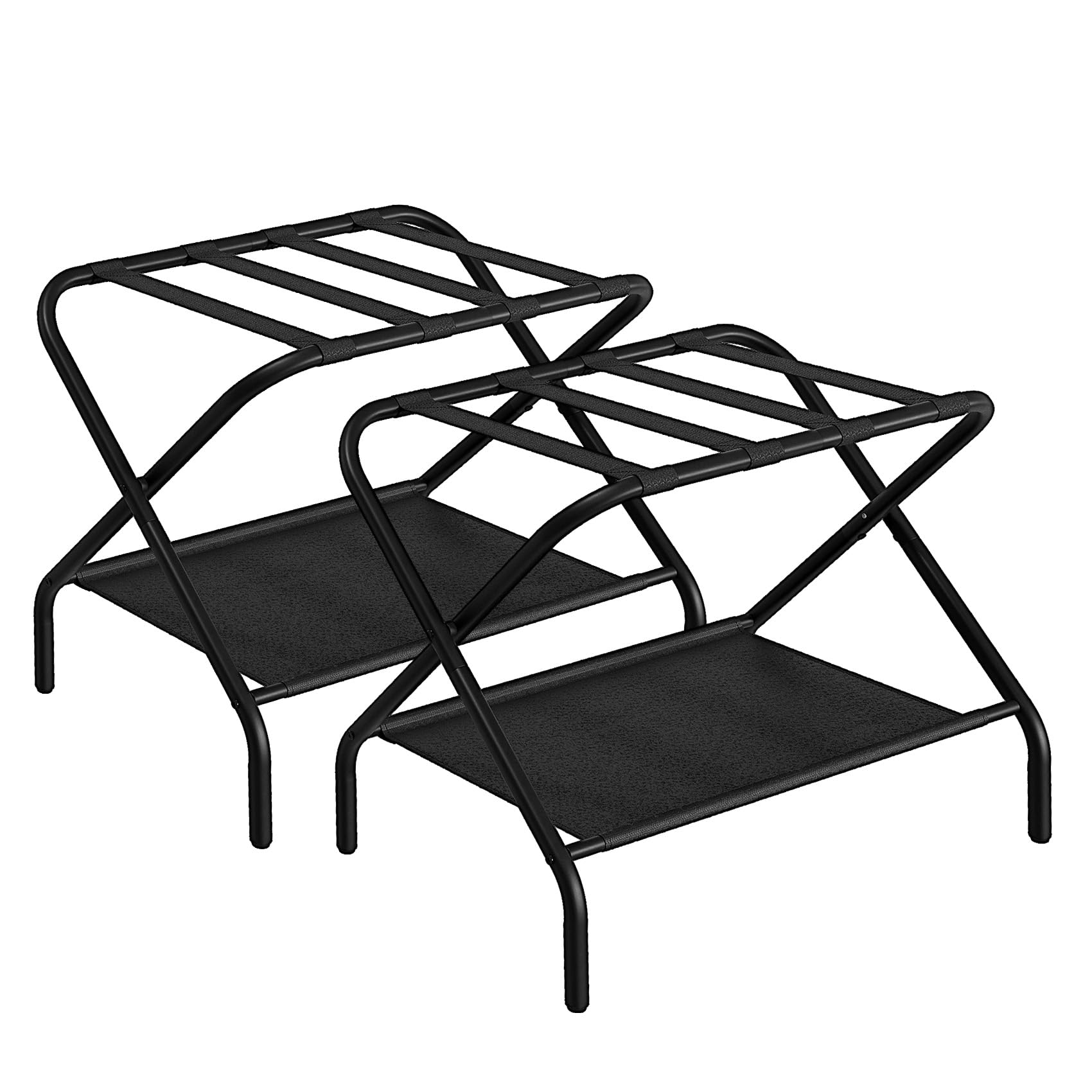 Smart FENDEE Luggage Racks for Guest Room, Set of 2, Folding Metal Suitcase Stand with Fabric Shelf, Guest Room Must Haves Luggage Stand for Hotel, Bedroom, Hold up to 110 lb, Black