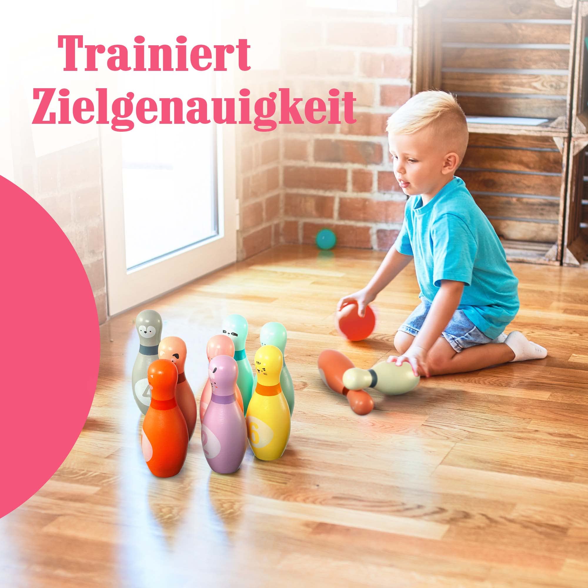 Pink Papaya Kegelspiel für Kinder | 12 teiliges Bowling Set | Spielzeug aus Holz | Outdoor & Indoor Spielzeug | schult & fördert Ihr Kind