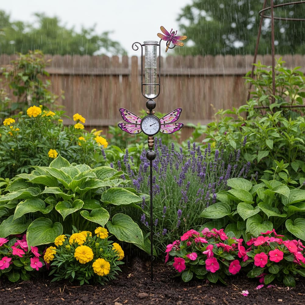 Regenmesser für den Außenbereich mit 7 Inc Kunststoffrohr | Mit Thermometer, gebeizter Libellen-Dekoration, Metall-Gartenstecker, Regenwassermesser für Hof, Garten und Rasen
