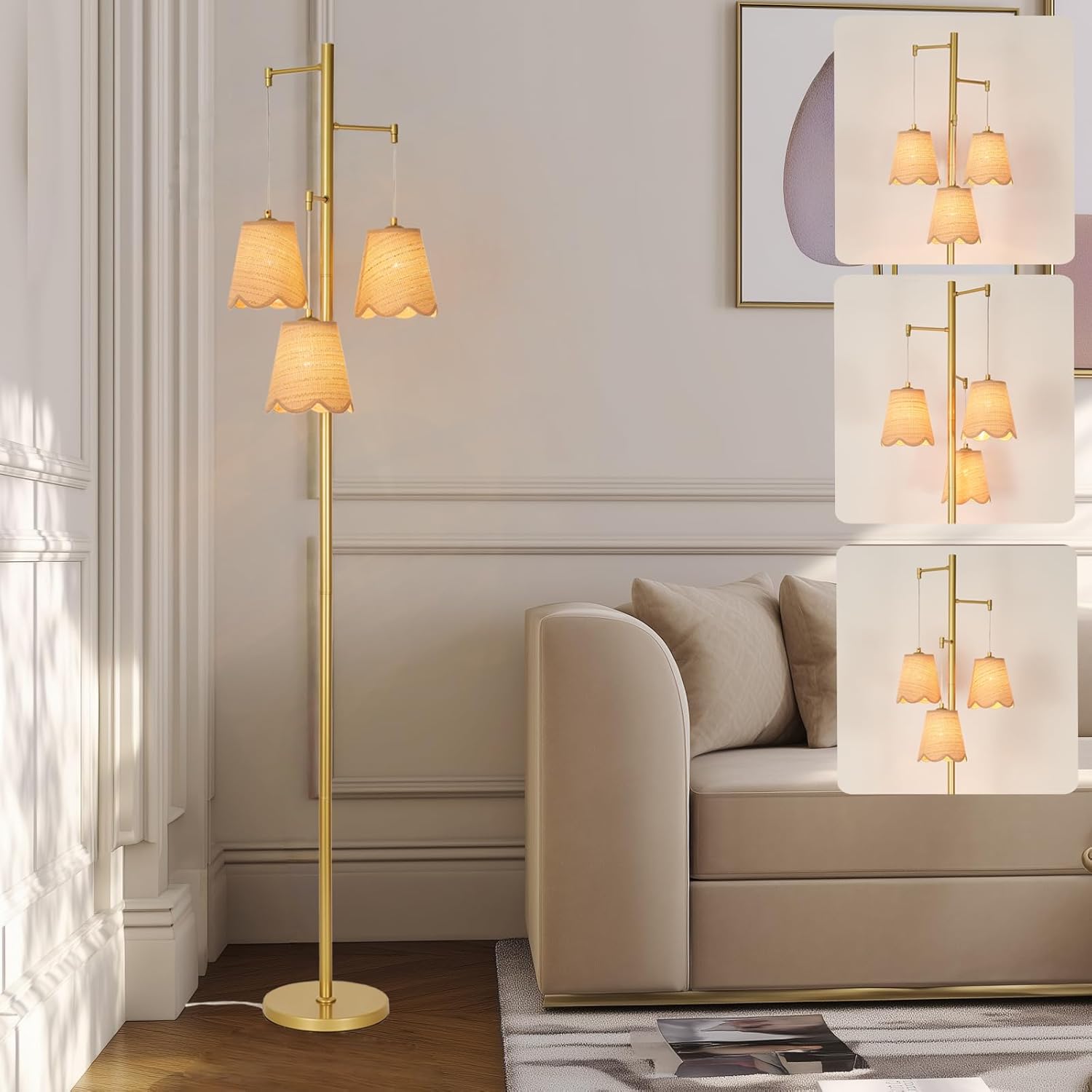 Boho Rattan Floor Lamp, 3-Lights Tree Tall Standing Lamp with Flower Shades Antique Brass Brush Paint Finish for Dining Room, Living Room, Bedroom