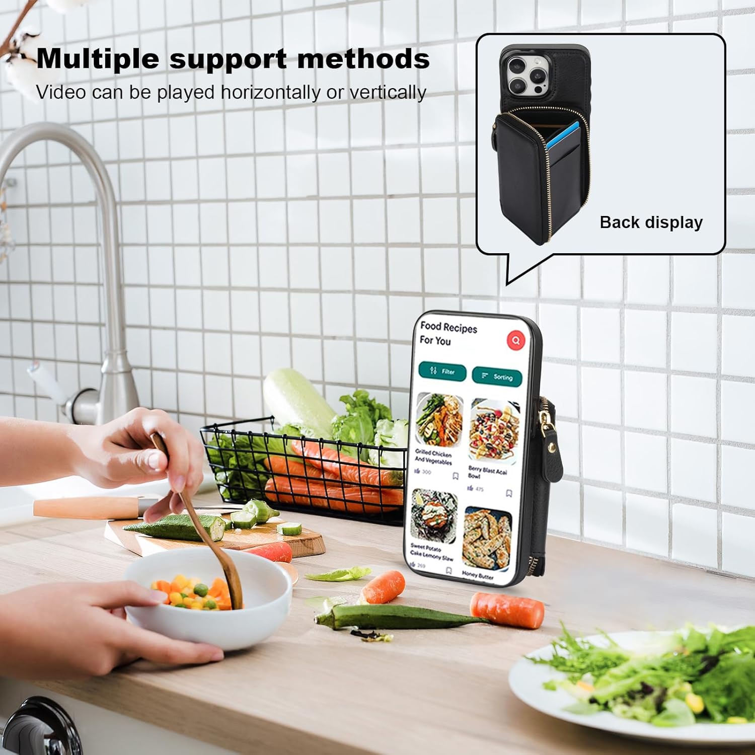 Bocasal RFID Blocking Wallet Case for iPhone 15 Pro Max, Adjustable Crossbody Zipper Purse with Kickstand and Detachable Wrist Strap, PU Leather Flip Folio Case 6.7 Inch 5G (Black) - Image 8