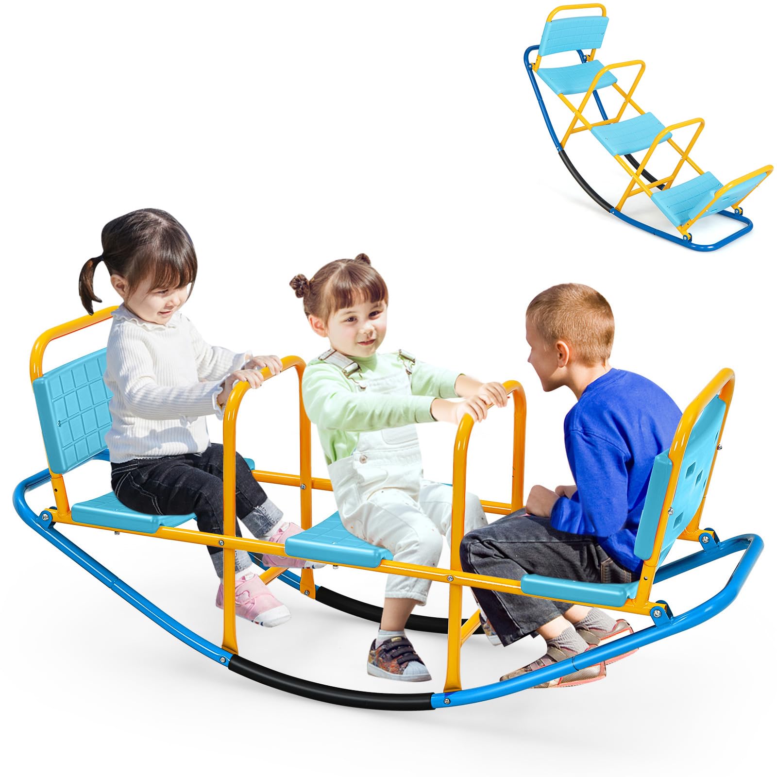 HOMASIS Balançoire à Bascule 3 Places pour Enfants avec Poignées et Dossiers, Bascule de Jardin en Métal Charge 90 kg, Teeter Totters pour l'intérieur et l'extérieur, 136x39x60cm (Blue)