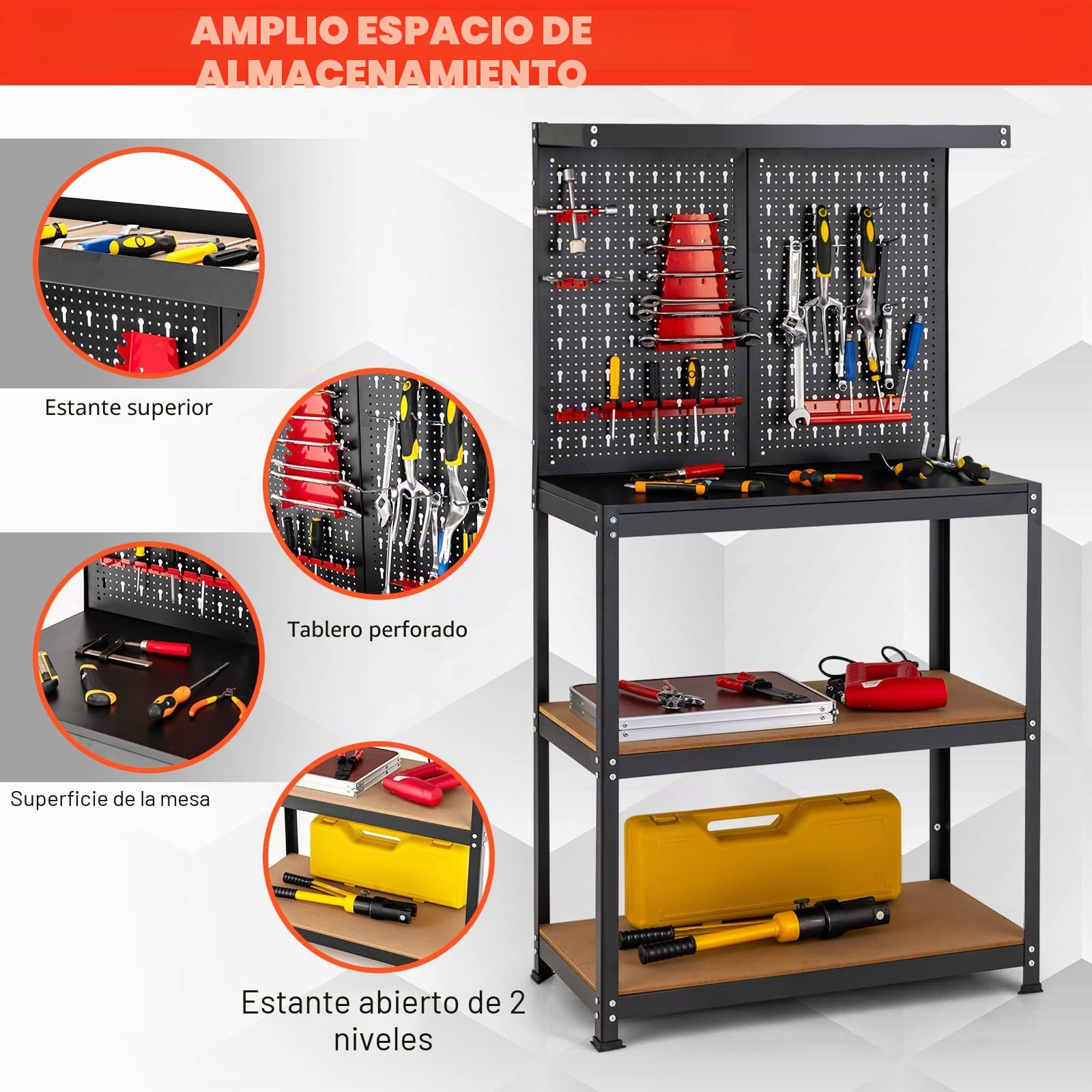 GOPLUS Banco de Trabajo Taller, Carga 100 kg, 810 x 410 x1555 mm, Mesa de Herramientas Carga con Tablero Perforado Metal, Estante Abierto, 14 Accesorios para Colgar (Negro+ Rojo Panel)