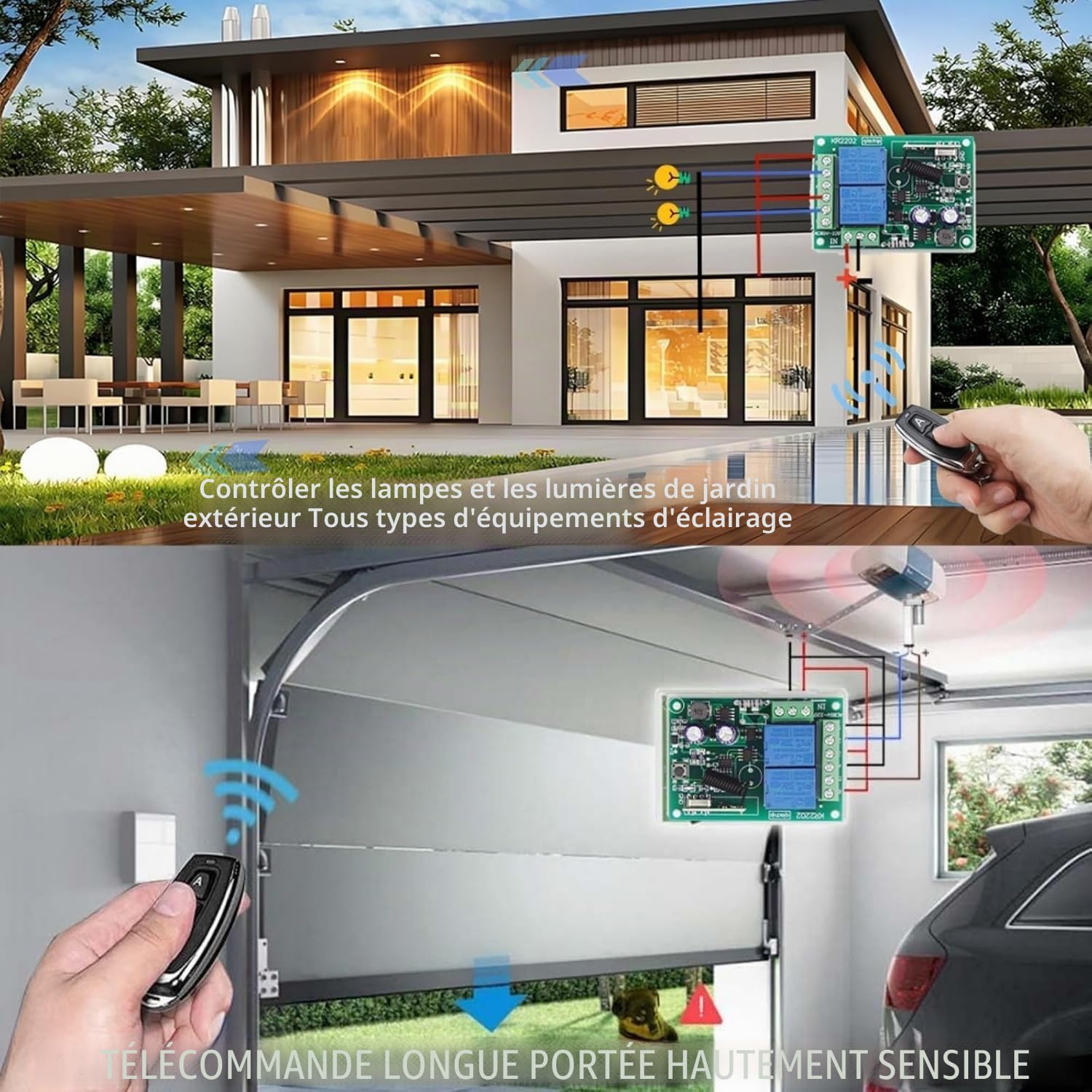 QIACHIP Commutateur de télécommande sans fil récepteur Contacts sec relais avec 4 émetteurs 433Mhz rf 2 canaux AC 220V 230V pour moteur, lumière, porte de portail, contrôleur de bricolage