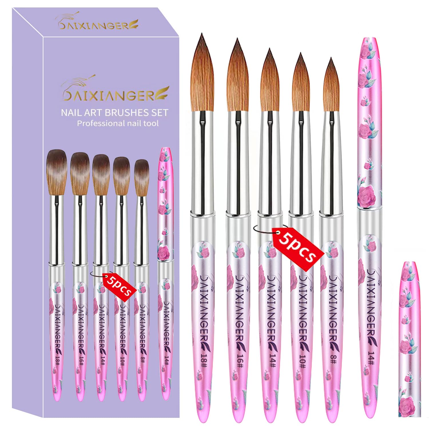 5PCS Acrylic Nail Brush Set - Size 8/10/14/16/18 Brushes for Acrylic Powder Application, 3D Carving & Nail Art Extension, Pink Flower Handle Nail Tools for DIY Salon Manicure