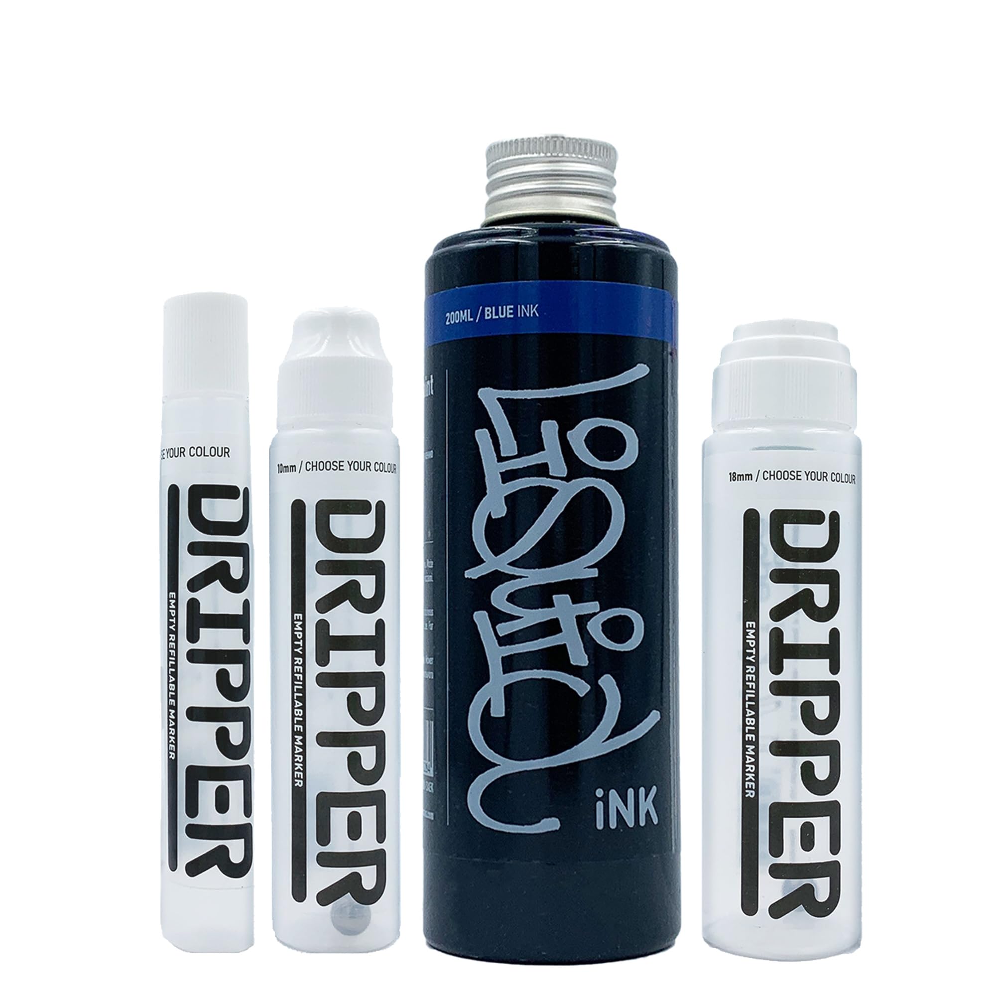 Liquid Ink & Dripper Bundle Dope, Multi Colour Refill & Multi Size Empty Mop Marker Graffiti Art Pack, Permanent 200ml Alcohol Based Paint (Dark Blue)