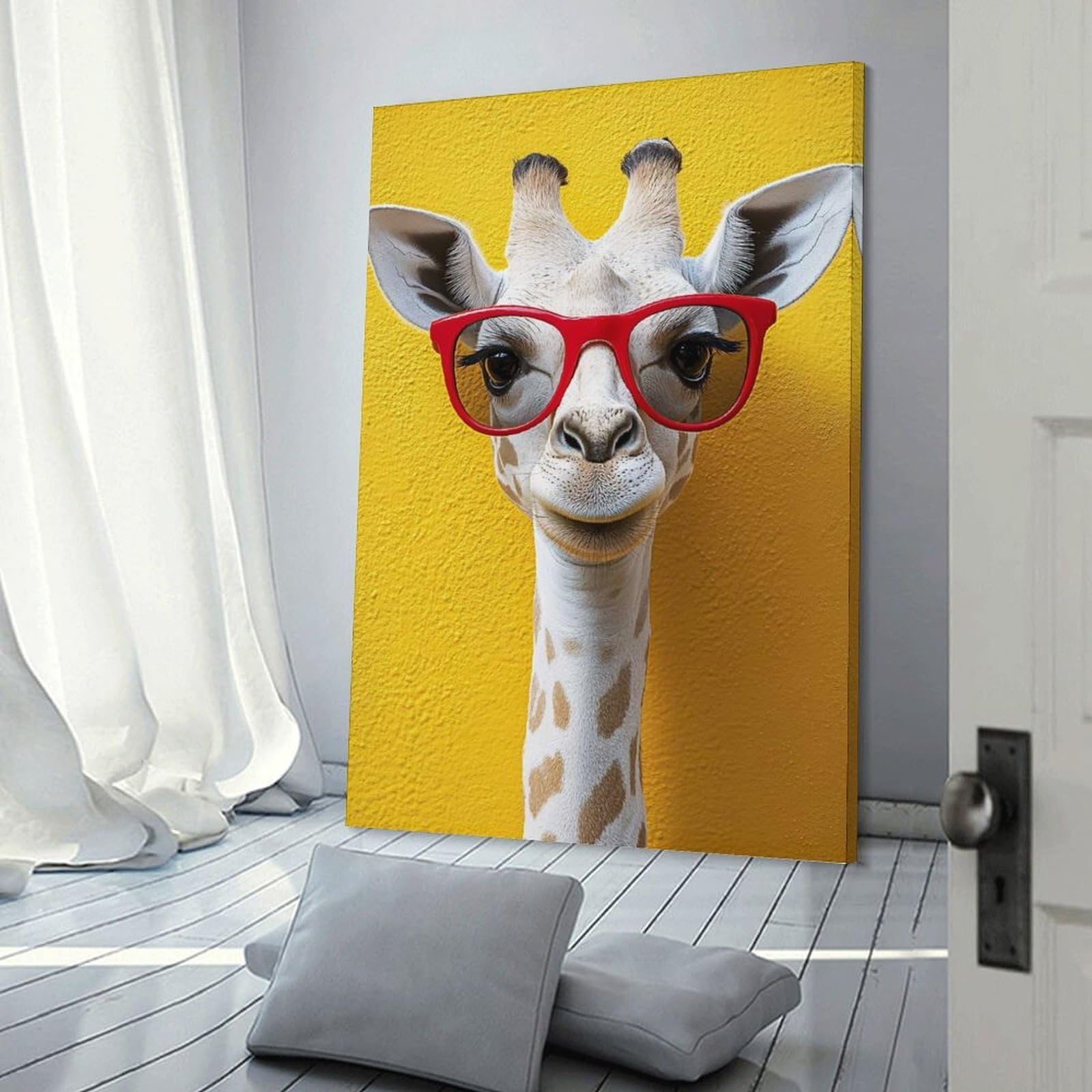 Junmoney Frame-Style-2 Giraffe With Red Glasses Portrait Home Decor Wall Art 08X12inch(20X30cm), For Lounge, Bedroom Or Personal Spaces, Gift Idea For Housewarming And Birthdays
