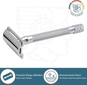 MERKUR Safety Razor 23C Classic with Long Handle Gloss Chrome Three-Piece Straight Cut Closed Comb Ideal for Wet Shaving Die-Cast Zinc Brass Handle Made in Germany