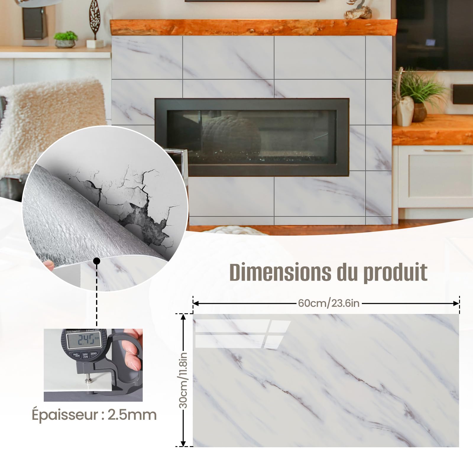 Lot de 10 autocollants pour carrelage mural marbré - 60 x 30 cm - Étanche - Pour cuisine et salle de bain (Nuvole Fluenti)