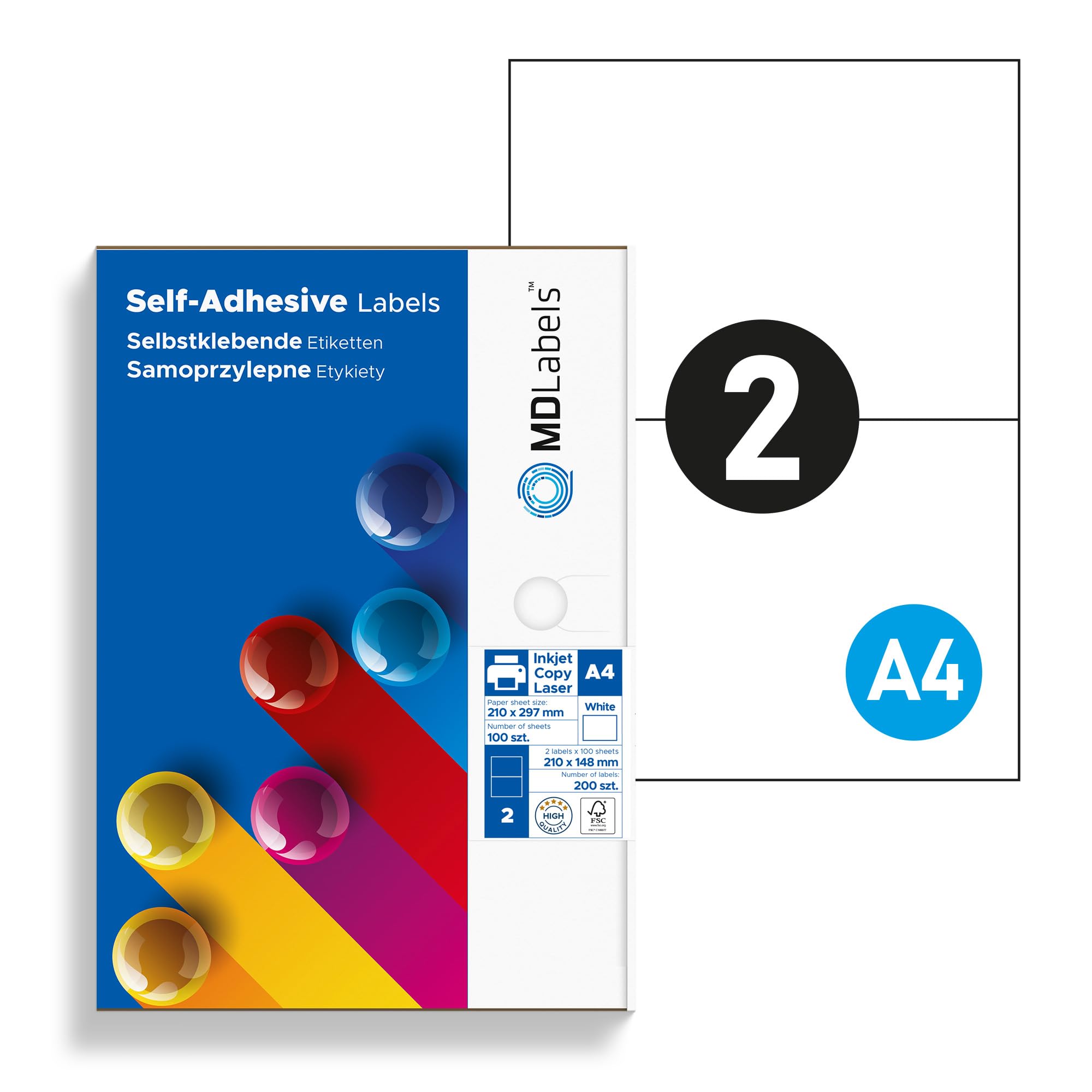 200 Etichette Autoadesive A4 DIN – 2 Per Foglio, 210x148 Mm, Stampabili, Colla Acrilica Resistente -20°C A +80°C