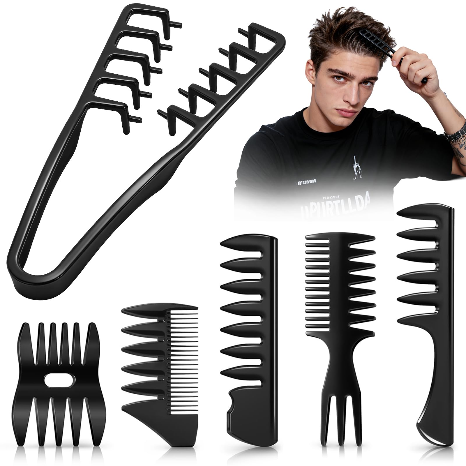6PC Texture Comb Wide Tooth Styling Combs for Women Men Black