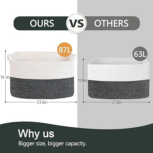Miniatura 3 de Caja de juguetes extragrande, 23.6 x 15.7 x 14.1 pulgadas, cesta rectangular para manta para sala de estar, cestas de cuerda de algodón tejida para